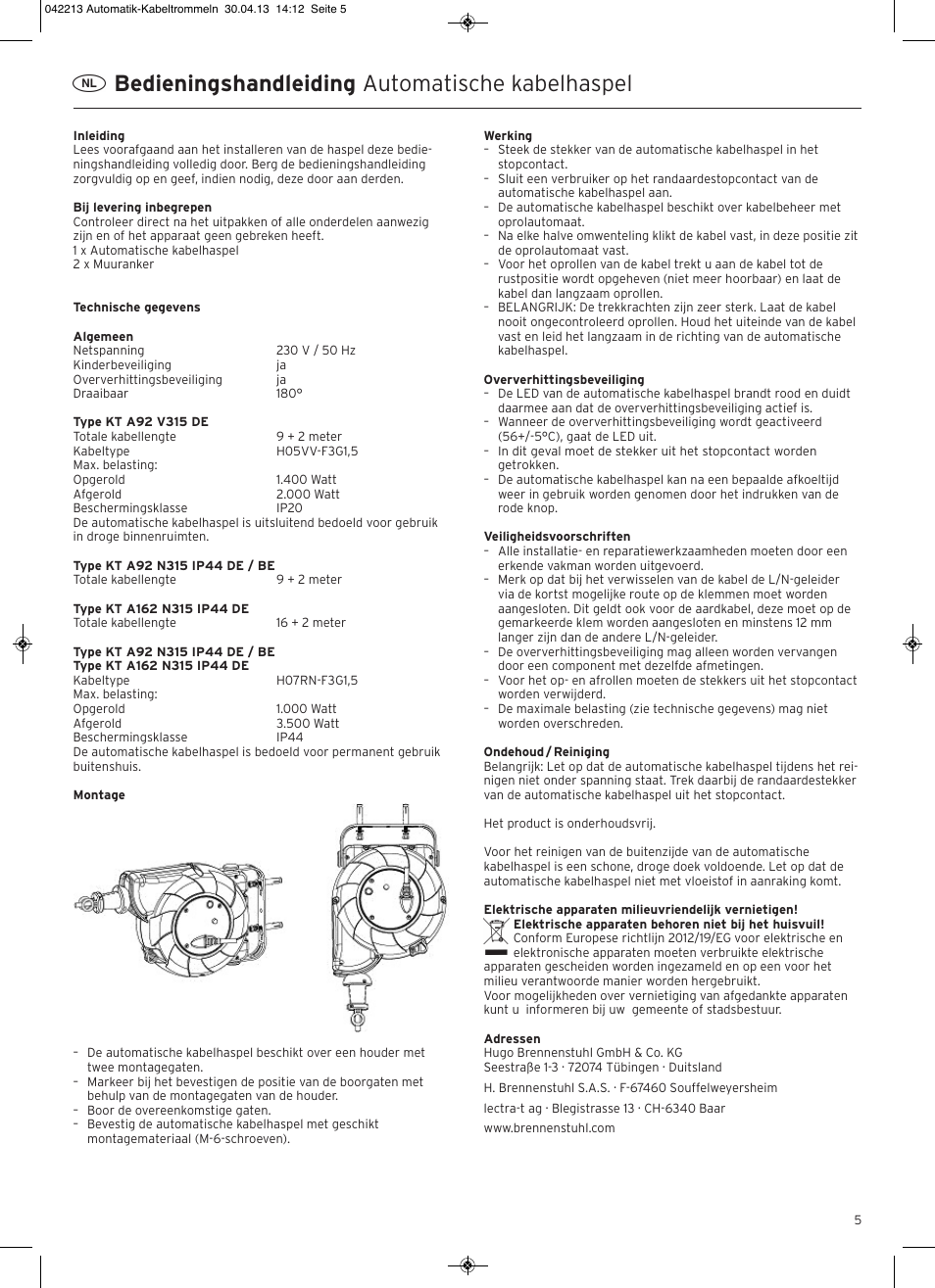 Bedieningshandleiding automatische kabelhaspel | Brennenstuhl Automatic Cable Reel IP20 9+2m H05VV-F 3G1,5 User Manual | Page 5 / 12