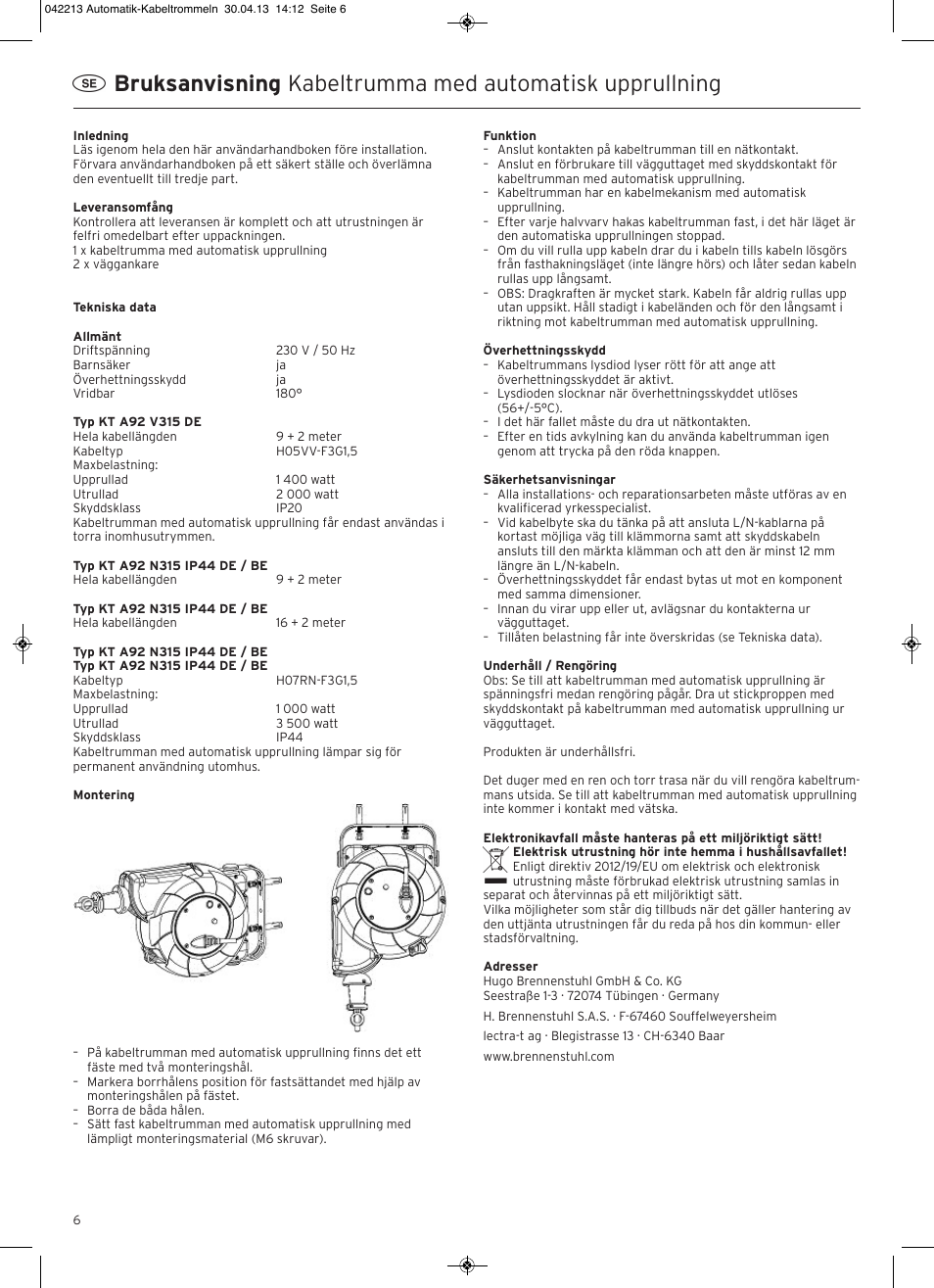 Brennenstuhl Automatic Cable Reel IP20 9+2m H05VV-F 3G1,5 User Manual | Page 6 / 12