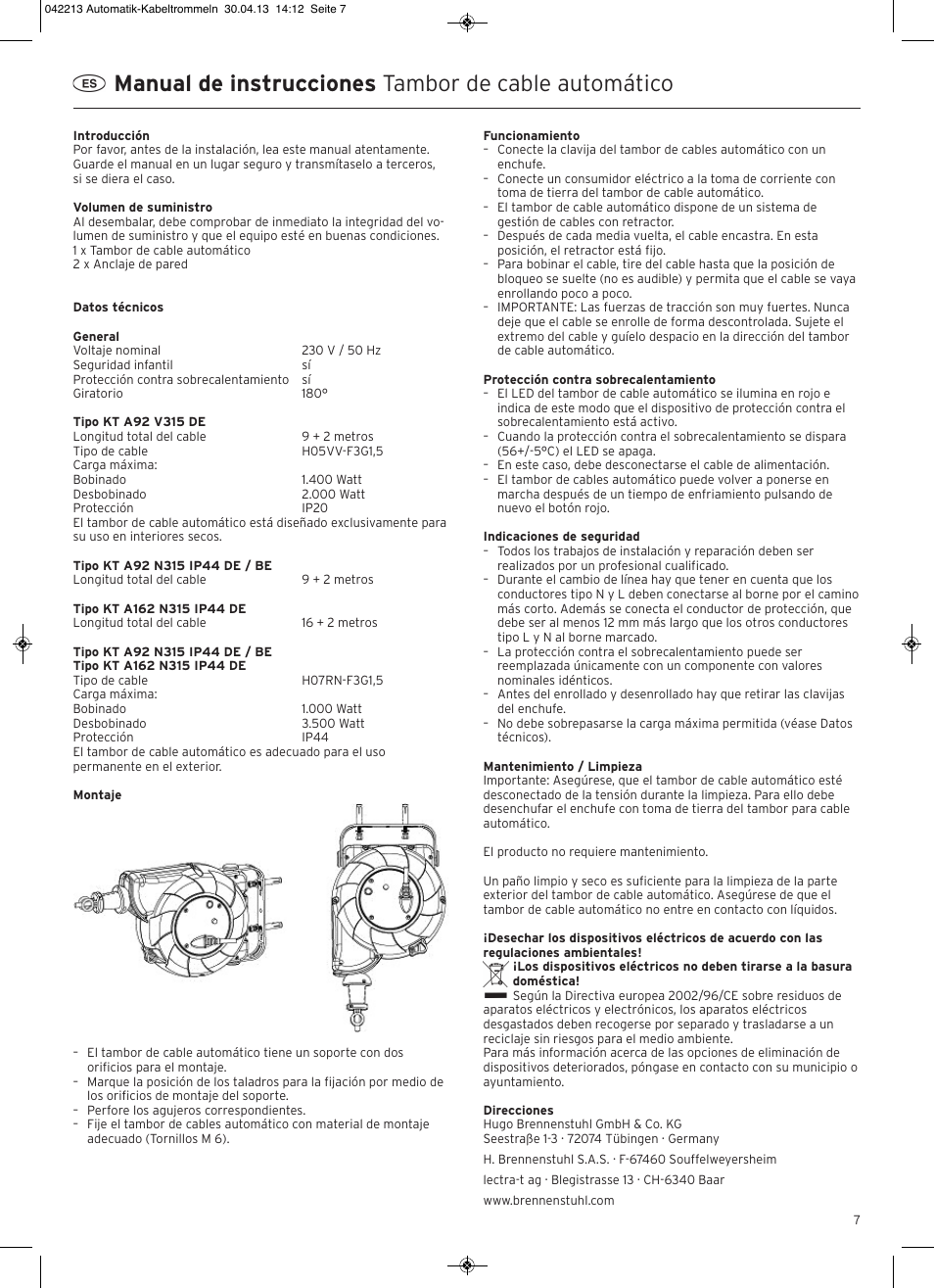 Manual de instrucciones tambor de cable automático | Brennenstuhl Automatic Cable Reel IP20 9+2m H05VV-F 3G1,5 User Manual | Page 7 / 12