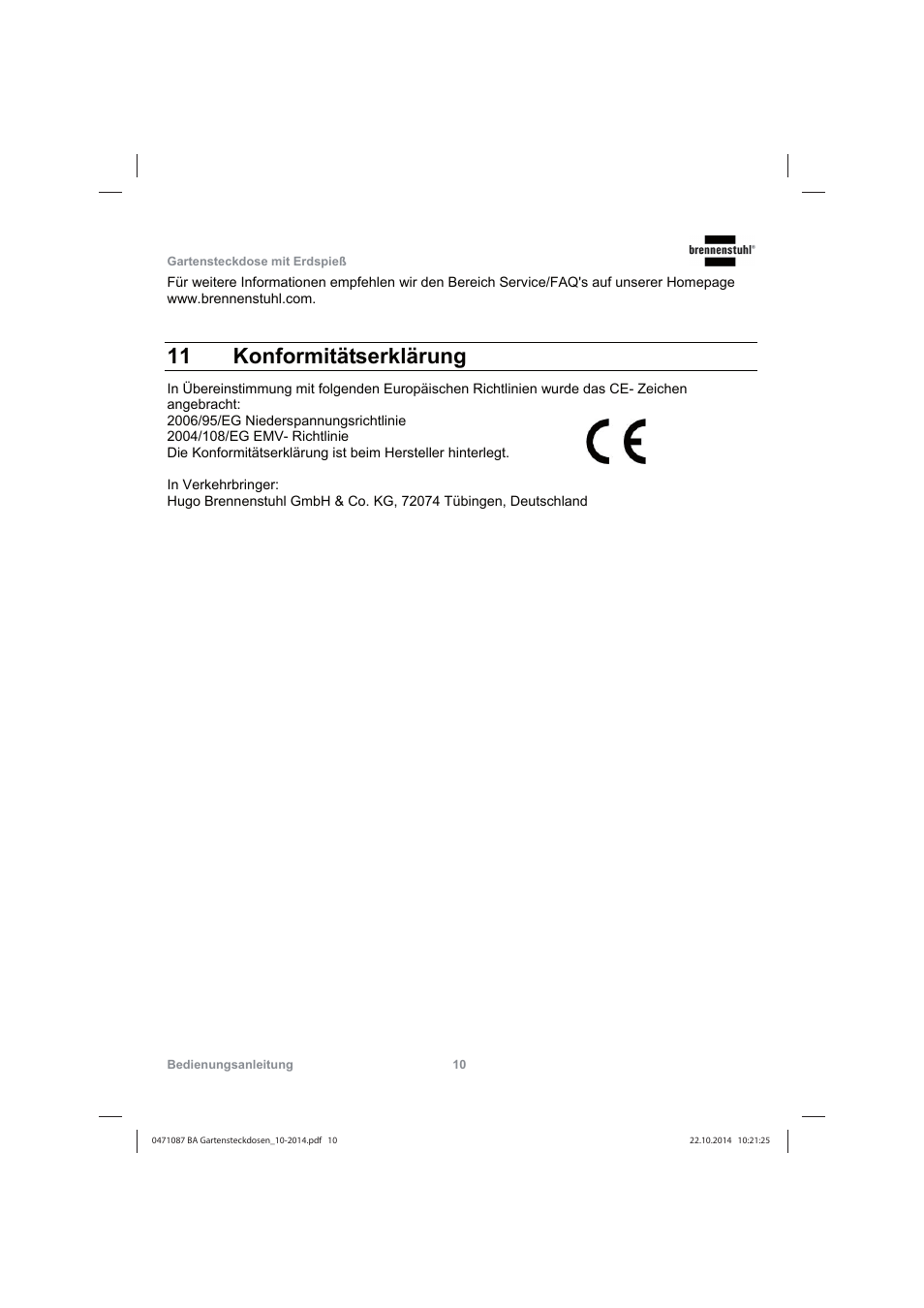 11 konformitätserklärung | Brennenstuhl Socket outlet with earth rod IP44 2-way 1,4m H07RN-F 3G1,5 User Manual | Page 10 / 76