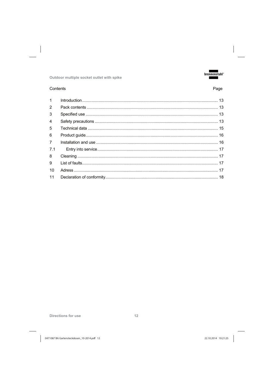 Brennenstuhl Socket outlet with earth rod IP44 2-way 1,4m H07RN-F 3G1,5 User Manual | Page 12 / 76