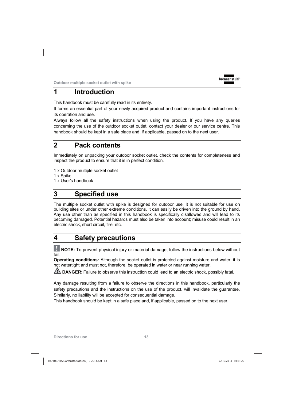 1 introduction, 2 pack contents, 3 specified use | 4 safety precautions | Brennenstuhl Socket outlet with earth rod IP44 2-way 1,4m H07RN-F 3G1,5 User Manual | Page 13 / 76