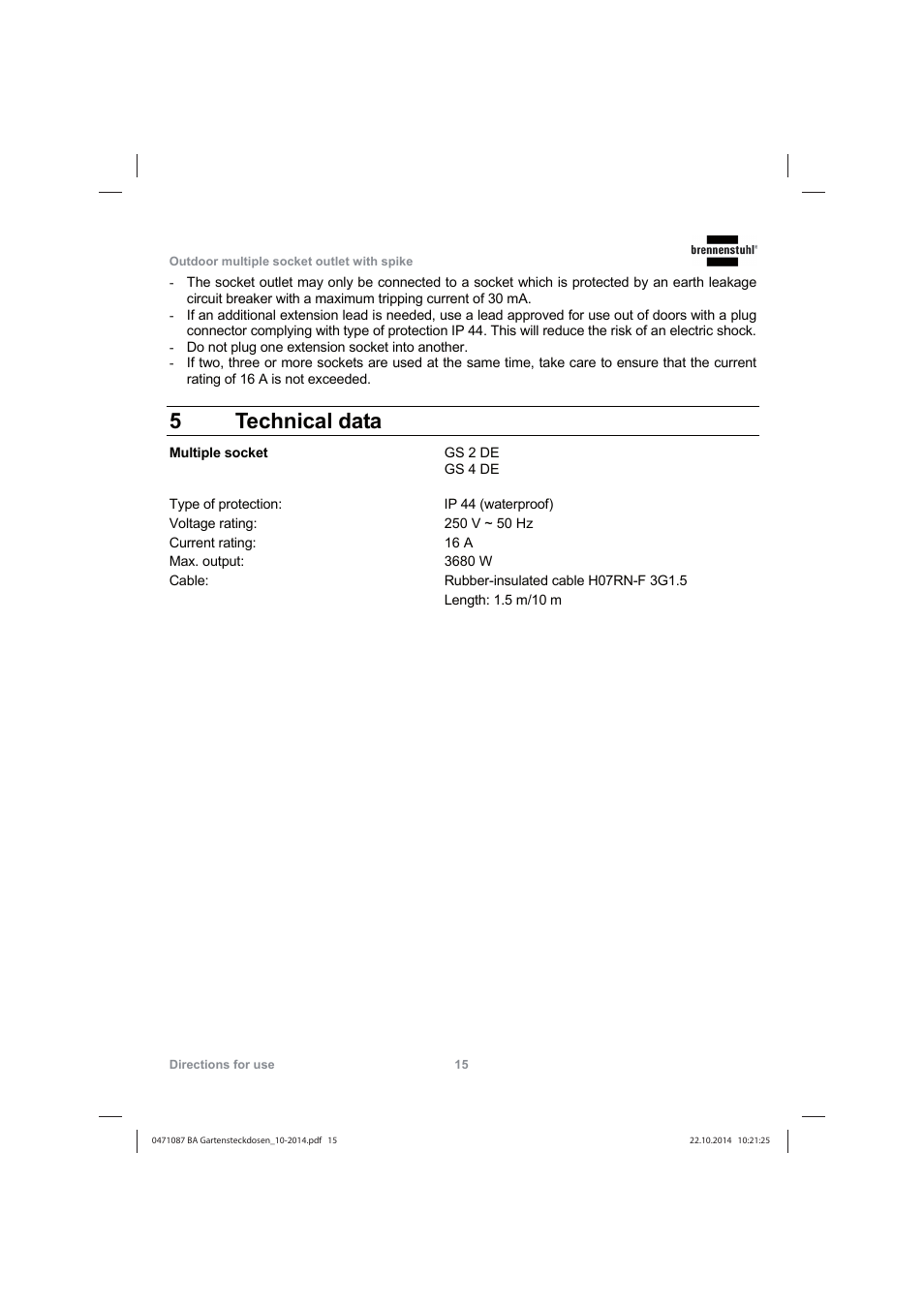 5 technical data | Brennenstuhl Socket outlet with earth rod IP44 2-way 1,4m H07RN-F 3G1,5 User Manual | Page 15 / 76