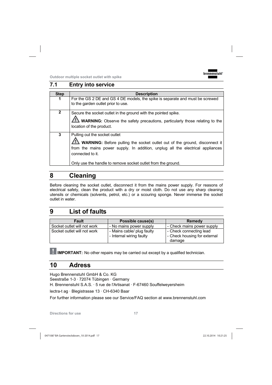 8 cleaning, 9 list of faults, 10 adress | 1 entry into service | Brennenstuhl Socket outlet with earth rod IP44 2-way 1,4m H07RN-F 3G1,5 User Manual | Page 17 / 76