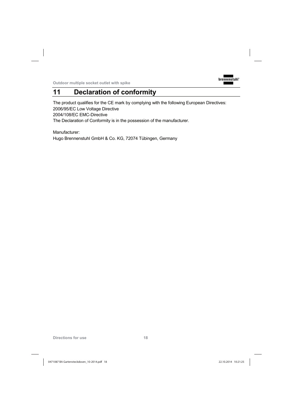 11 declaration of conformity | Brennenstuhl Socket outlet with earth rod IP44 2-way 1,4m H07RN-F 3G1,5 User Manual | Page 18 / 76