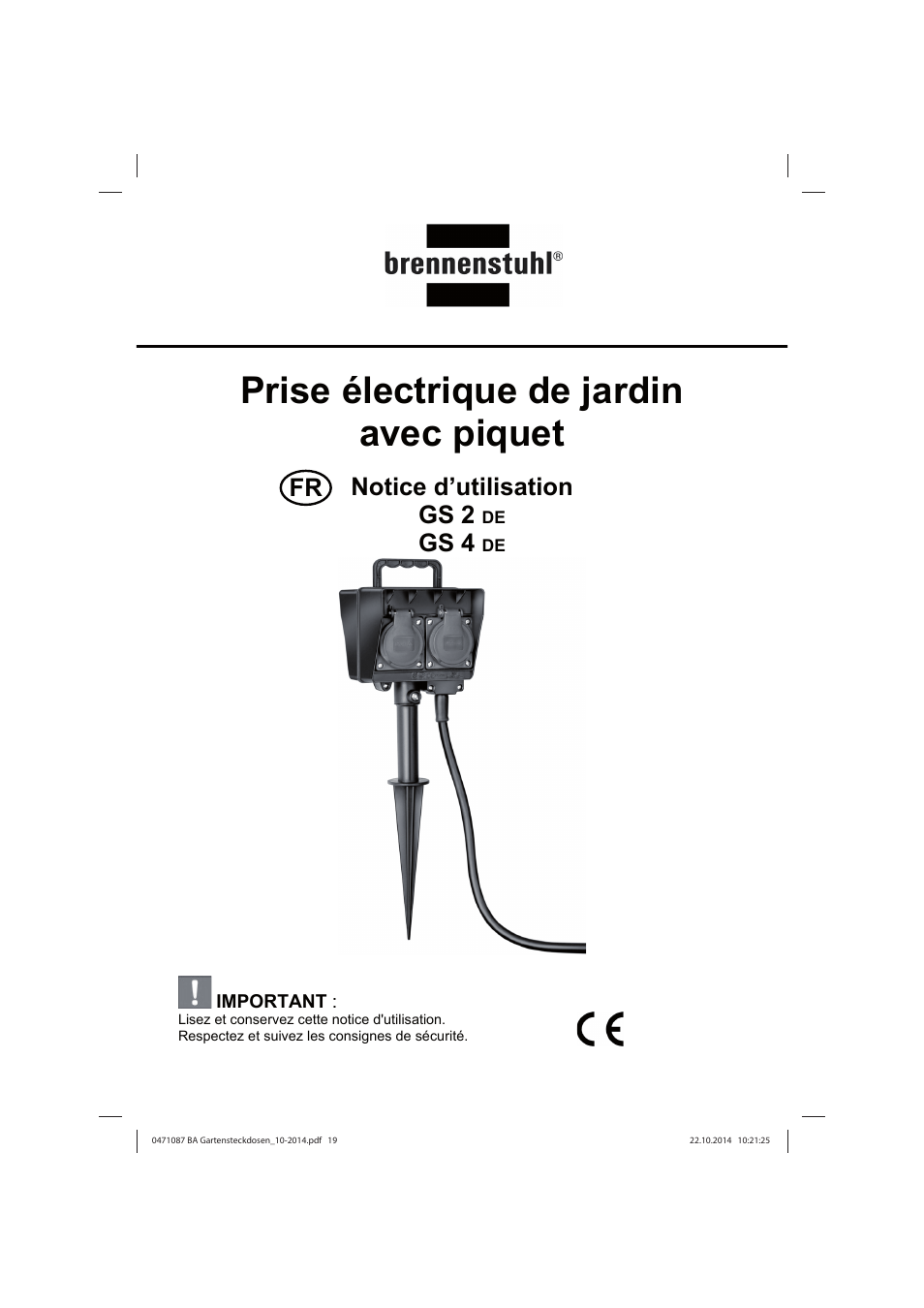 Prise électrique de jardin avec piquet, Notice d’utilisation gs 2, Gs 4 | Brennenstuhl Socket outlet with earth rod IP44 2-way 1,4m H07RN-F 3G1,5 User Manual | Page 19 / 76