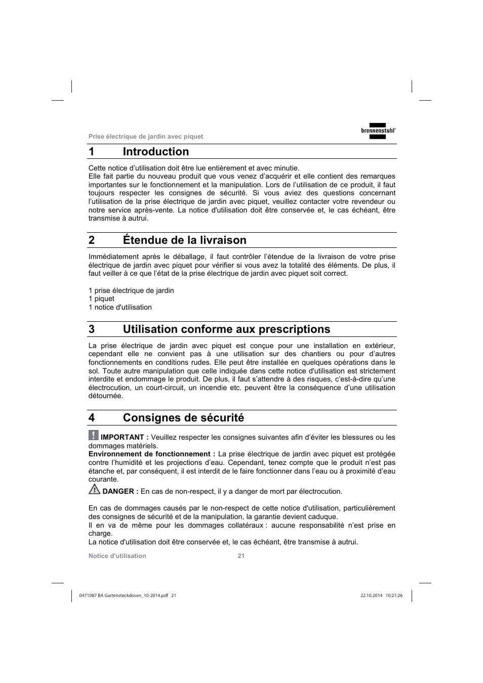 1 introduction, 2étendue de la livraison, 3utilisation conforme aux prescriptions | 4consignes de sécurité | Brennenstuhl Socket outlet with earth rod IP44 2-way 1,4m H07RN-F 3G1,5 User Manual | Page 21 / 76