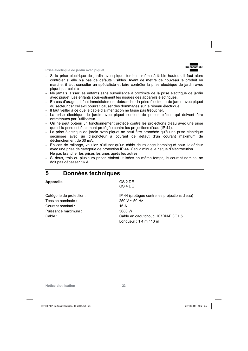5 données techniques | Brennenstuhl Socket outlet with earth rod IP44 2-way 1,4m H07RN-F 3G1,5 User Manual | Page 23 / 76