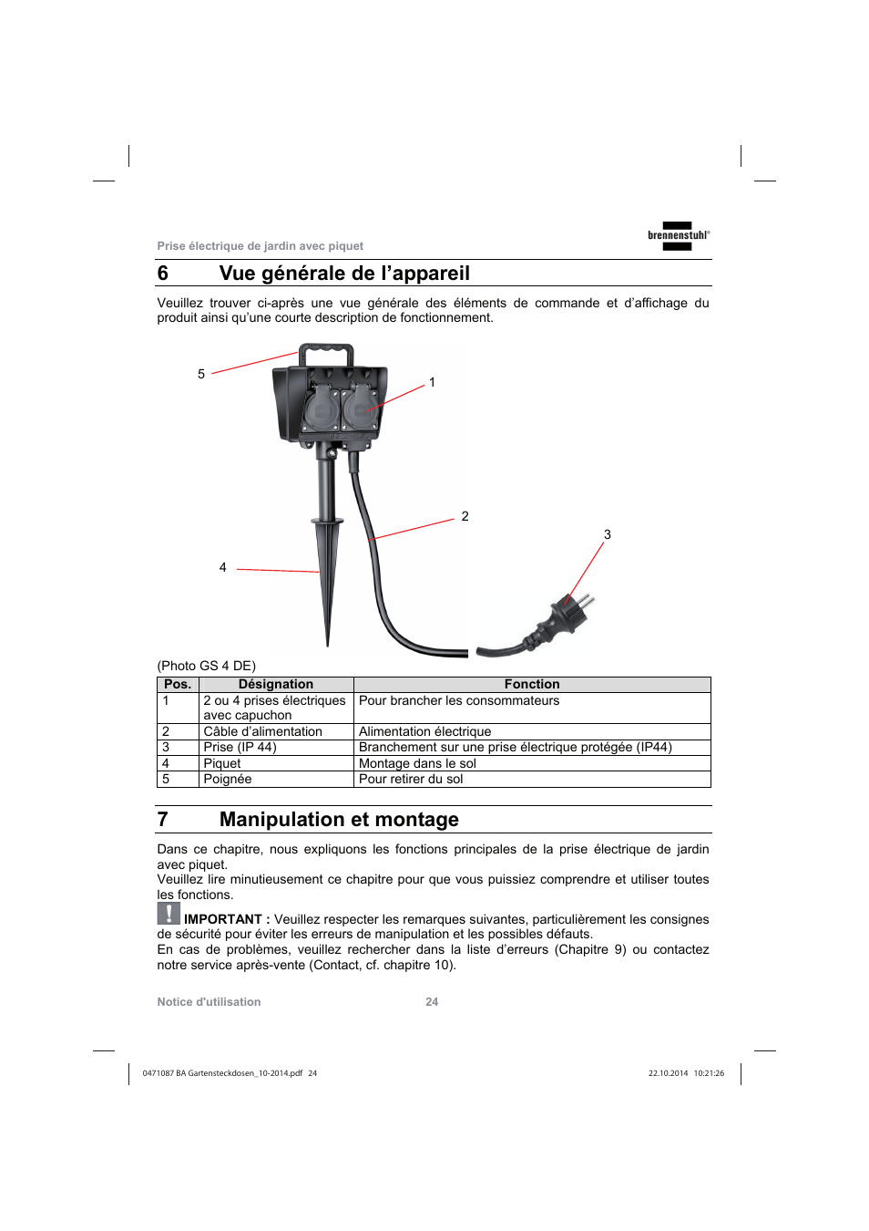6vue générale de l’appareil, 7manipulation et montage | Brennenstuhl Socket outlet with earth rod IP44 2-way 1,4m H07RN-F 3G1,5 User Manual | Page 24 / 76