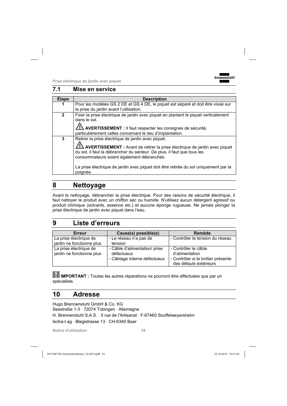 8 nettoyage, 9 liste d’erreurs, 10 adresse | 1 mise en service | Brennenstuhl Socket outlet with earth rod IP44 2-way 1,4m H07RN-F 3G1,5 User Manual | Page 25 / 76