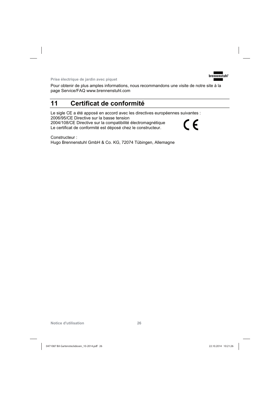 11 certificat de conformité | Brennenstuhl Socket outlet with earth rod IP44 2-way 1,4m H07RN-F 3G1,5 User Manual | Page 26 / 76