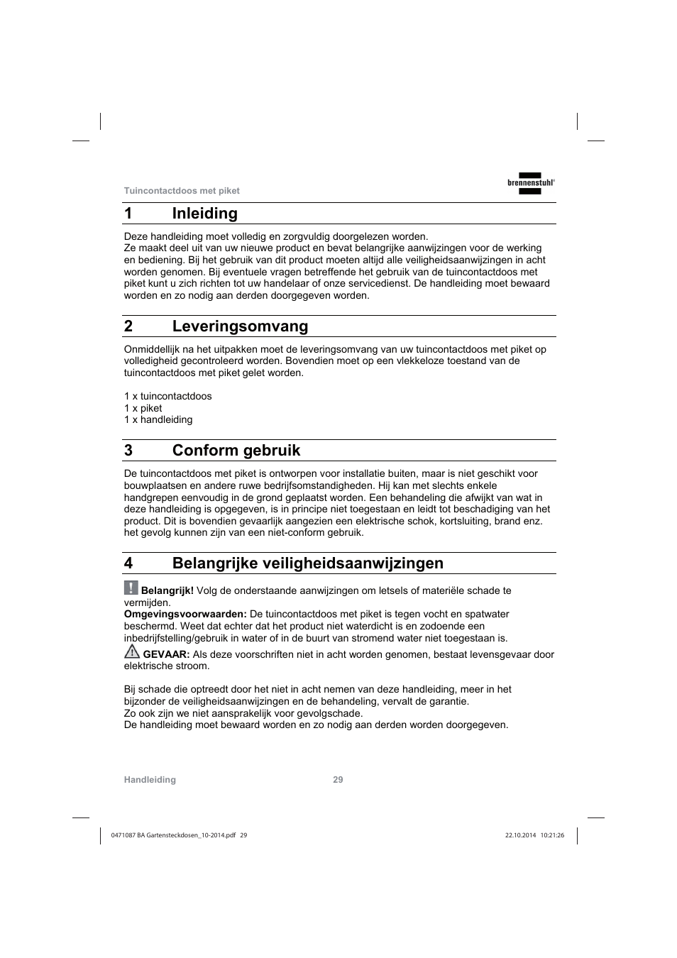 1 inleiding, 2 leveringsomvang, 3 conform gebruik | 4 belangrijke veiligheidsaanwijzingen | Brennenstuhl Socket outlet with earth rod IP44 2-way 1,4m H07RN-F 3G1,5 User Manual | Page 29 / 76