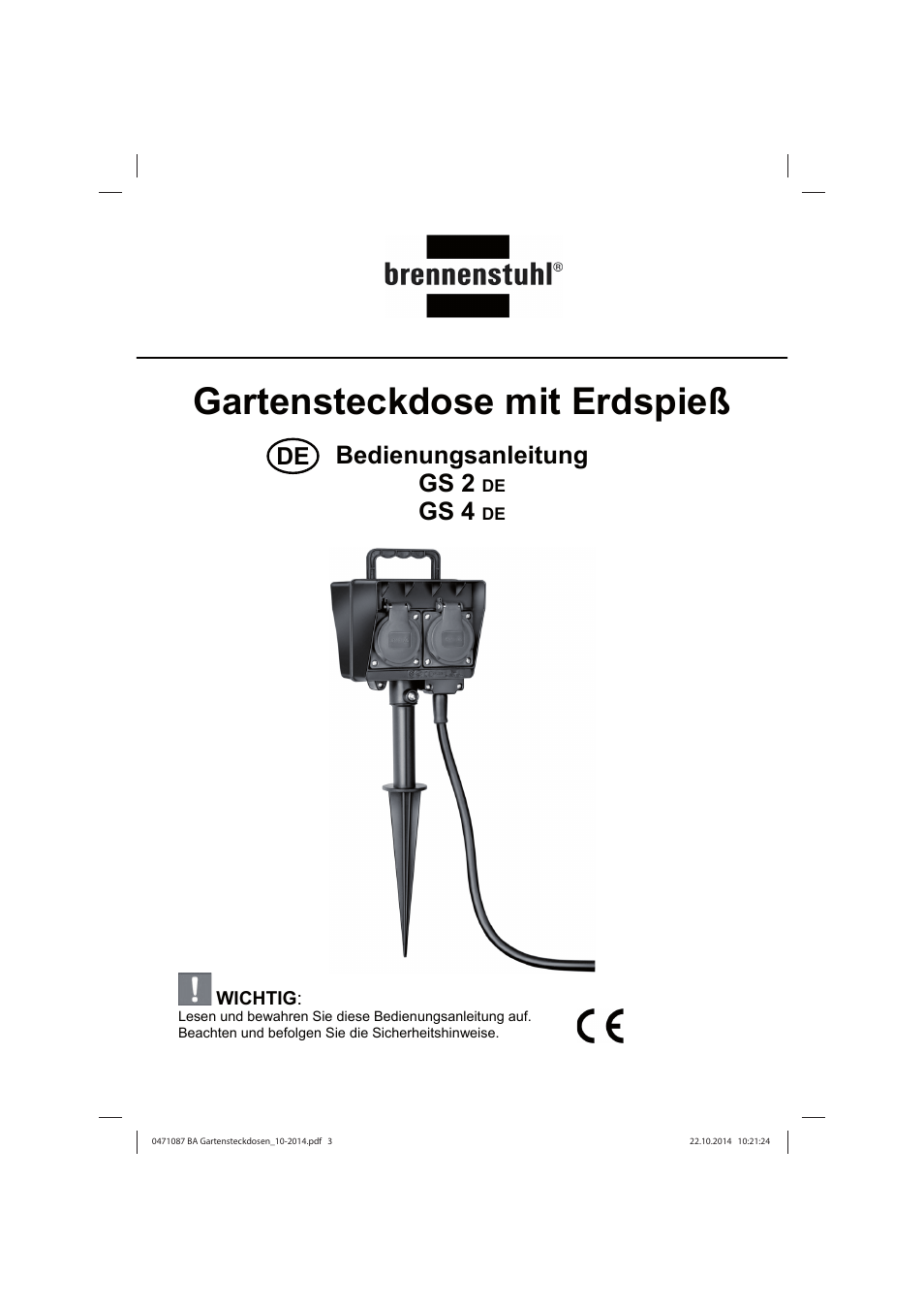 Gartensteckdose mit erdspieß, Bedienungsanleitung gs 2, Gs 4 | Brennenstuhl Socket outlet with earth rod IP44 2-way 1,4m H07RN-F 3G1,5 User Manual | Page 3 / 76