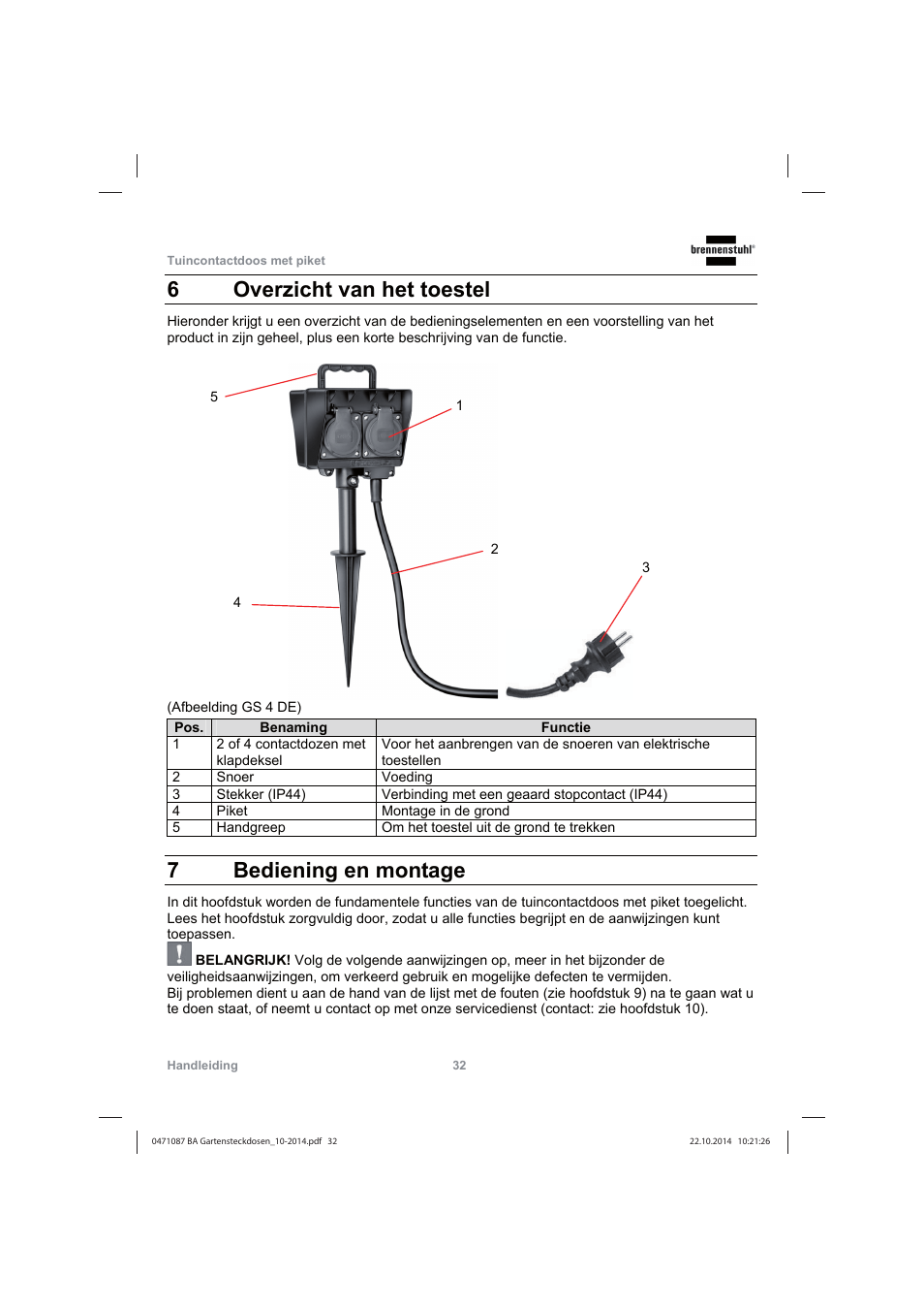 6overzicht van het toestel, 7bediening en montage | Brennenstuhl Socket outlet with earth rod IP44 2-way 1,4m H07RN-F 3G1,5 User Manual | Page 32 / 76