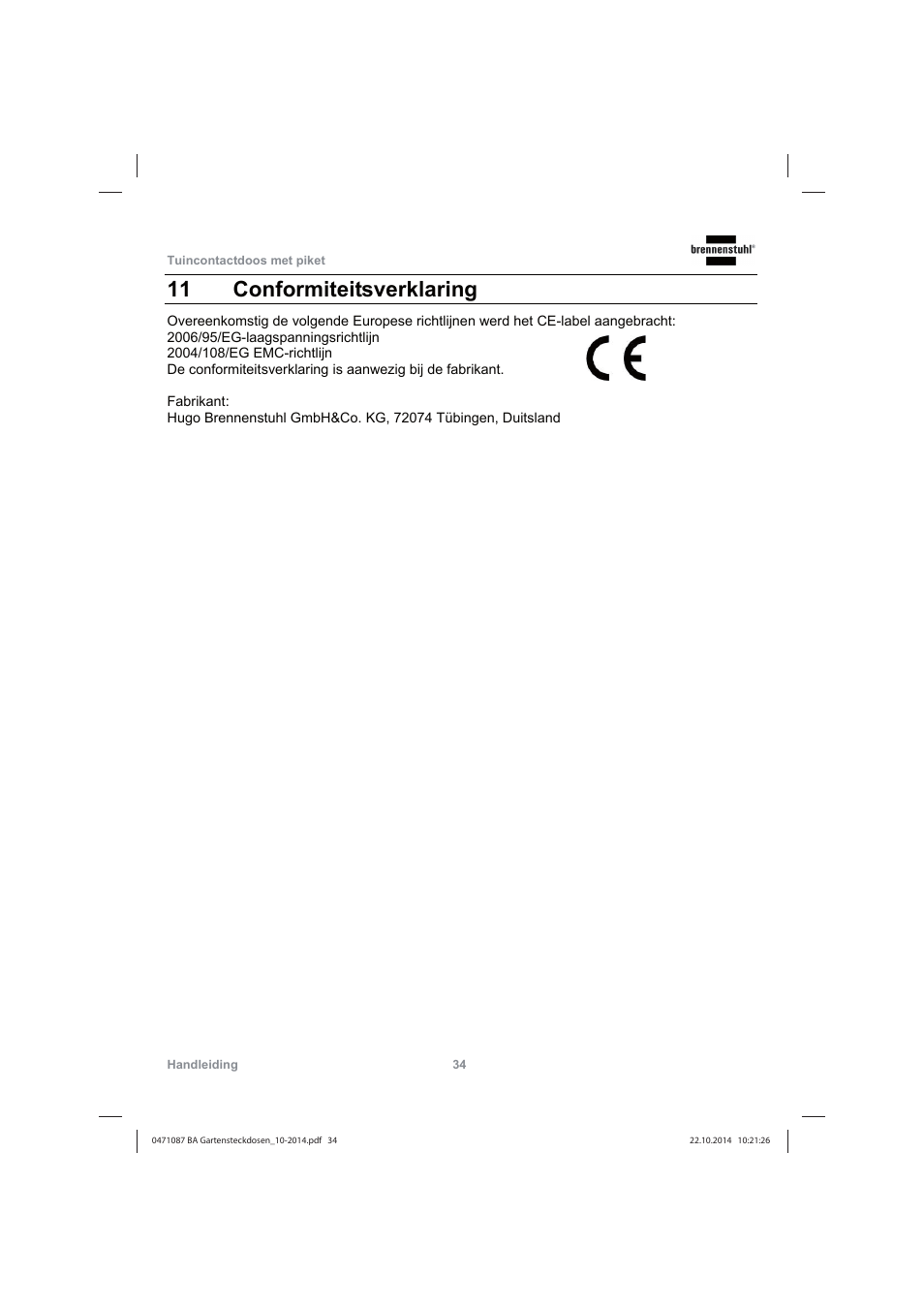 11 conformiteitsverklaring | Brennenstuhl Socket outlet with earth rod IP44 2-way 1,4m H07RN-F 3G1,5 User Manual | Page 34 / 76