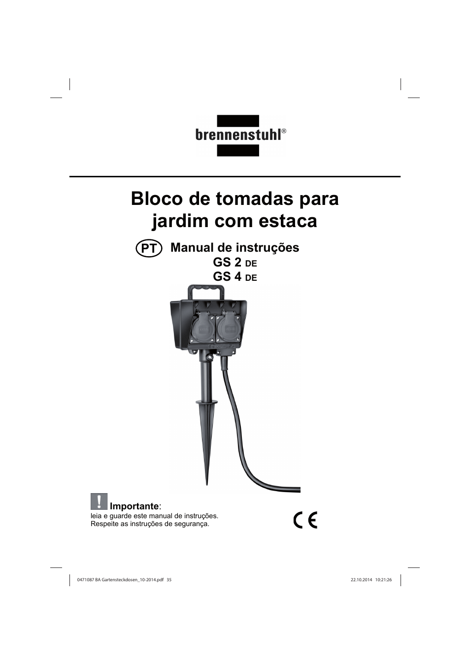 Bloco de tomadas para jardim com estaca, Manual de instruções gs 2, Gs 4 | Brennenstuhl Socket outlet with earth rod IP44 2-way 1,4m H07RN-F 3G1,5 User Manual | Page 35 / 76