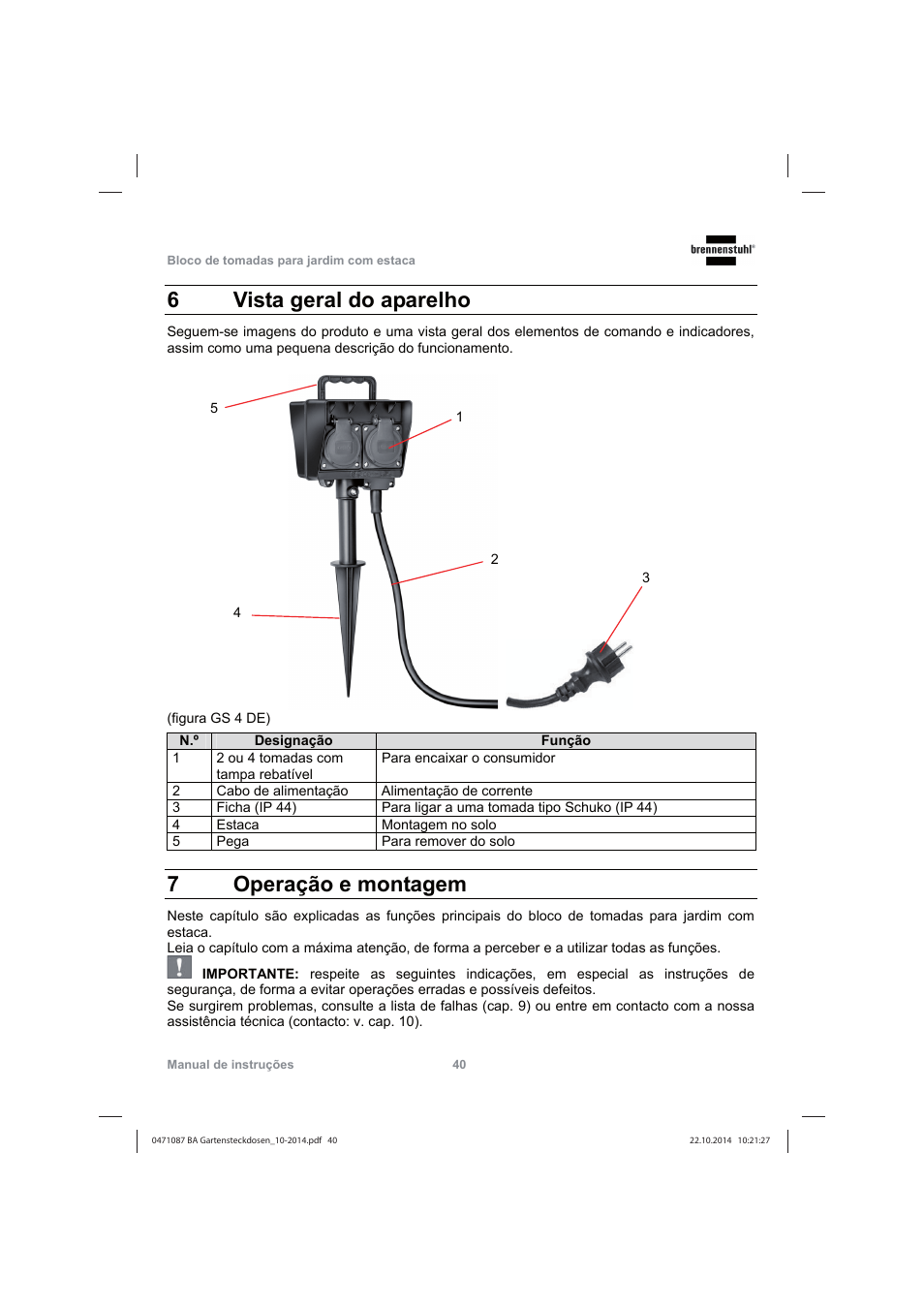 6vista geral do aparelho, 7operação e montagem | Brennenstuhl Socket outlet with earth rod IP44 2-way 1,4m H07RN-F 3G1,5 User Manual | Page 40 / 76