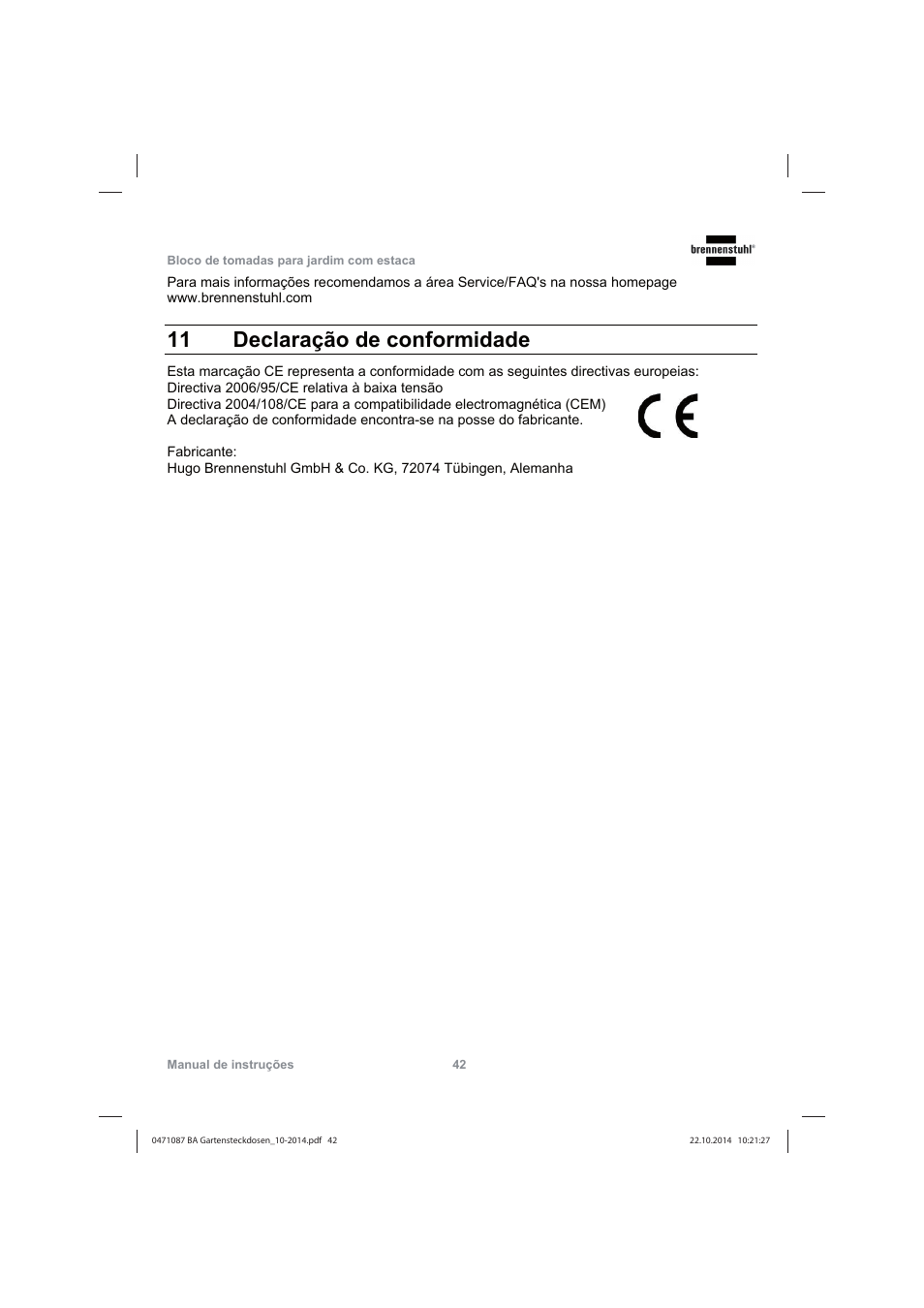 11 declaração de conformidade | Brennenstuhl Socket outlet with earth rod IP44 2-way 1,4m H07RN-F 3G1,5 User Manual | Page 42 / 76