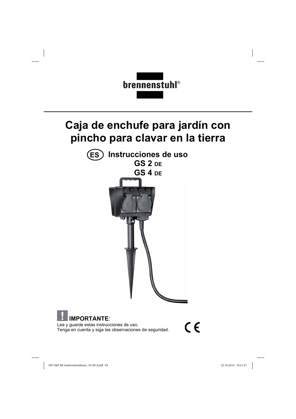 Instrucciones de uso gs 2, Gs 4 | Brennenstuhl Socket outlet with earth rod IP44 2-way 1,4m H07RN-F 3G1,5 User Manual | Page 43 / 76