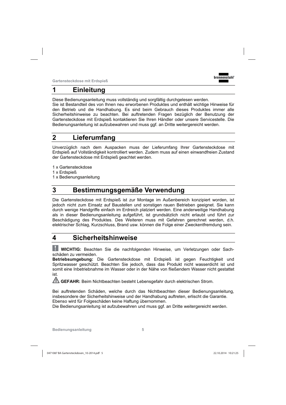 1 einleitung, 2 lieferumfang, 3 bestimmungsgemäße verwendung | 4 sicherheitshinweise | Brennenstuhl Socket outlet with earth rod IP44 2-way 1,4m H07RN-F 3G1,5 User Manual | Page 5 / 76