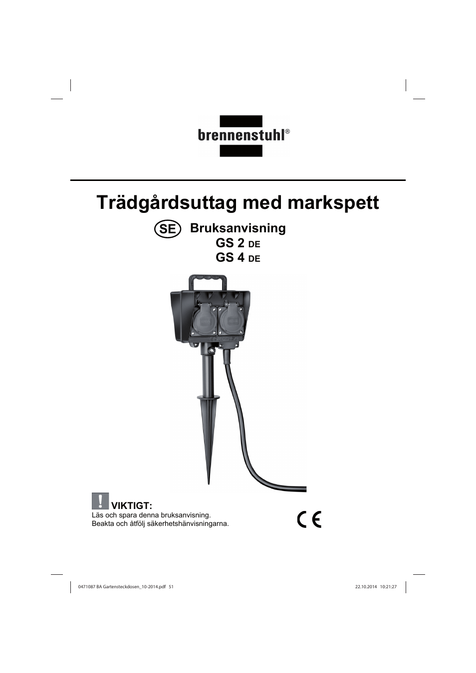 Trädgårdsuttag med markspett, Bruksanvisning gs 2, Gs 4 | Brennenstuhl Socket outlet with earth rod IP44 2-way 1,4m H07RN-F 3G1,5 User Manual | Page 51 / 76