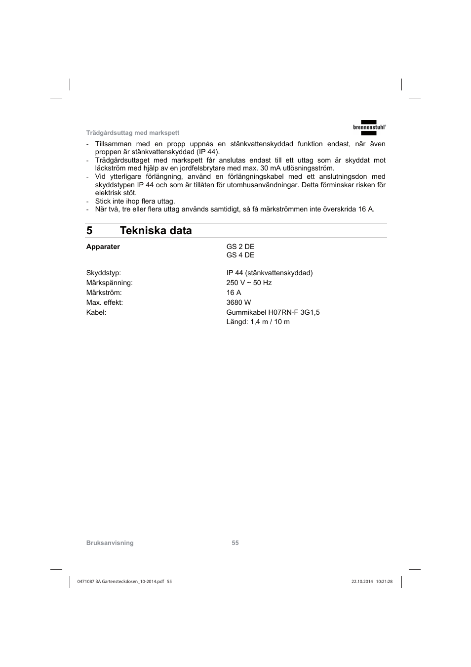 5 tekniska data | Brennenstuhl Socket outlet with earth rod IP44 2-way 1,4m H07RN-F 3G1,5 User Manual | Page 55 / 76