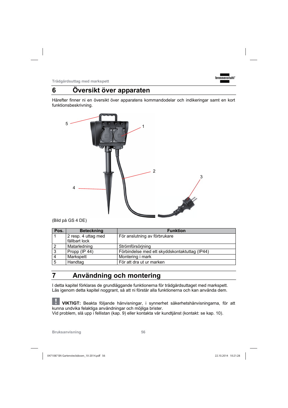 6 översikt över apparaten, 7användning och montering | Brennenstuhl Socket outlet with earth rod IP44 2-way 1,4m H07RN-F 3G1,5 User Manual | Page 56 / 76