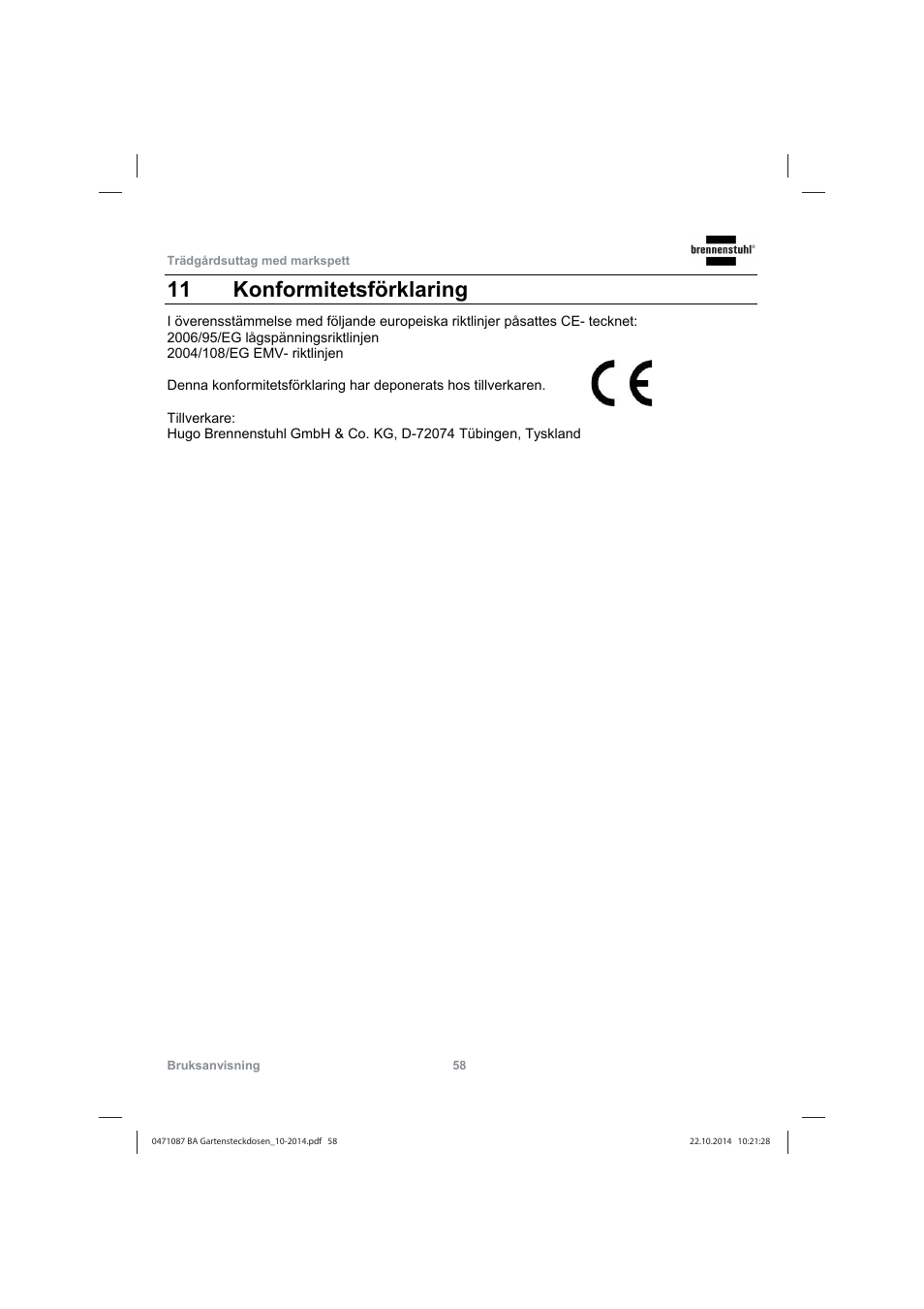 11 konformitetsförklaring | Brennenstuhl Socket outlet with earth rod IP44 2-way 1,4m H07RN-F 3G1,5 User Manual | Page 58 / 76