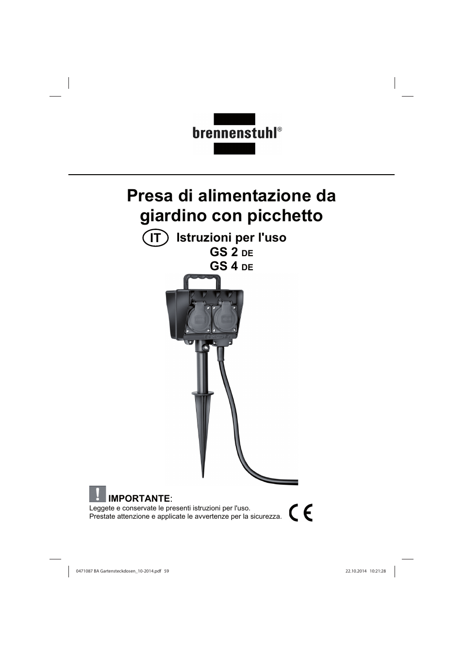 Presa di alimentazione da giardino con picchetto, Istruzioni per l'uso gs 2, Gs 4 | Brennenstuhl Socket outlet with earth rod IP44 2-way 1,4m H07RN-F 3G1,5 User Manual | Page 59 / 76