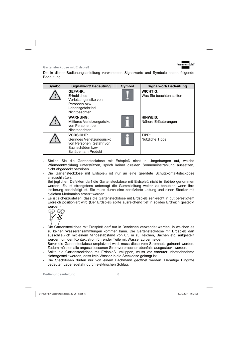 Brennenstuhl Socket outlet with earth rod IP44 2-way 1,4m H07RN-F 3G1,5 User Manual | Page 6 / 76