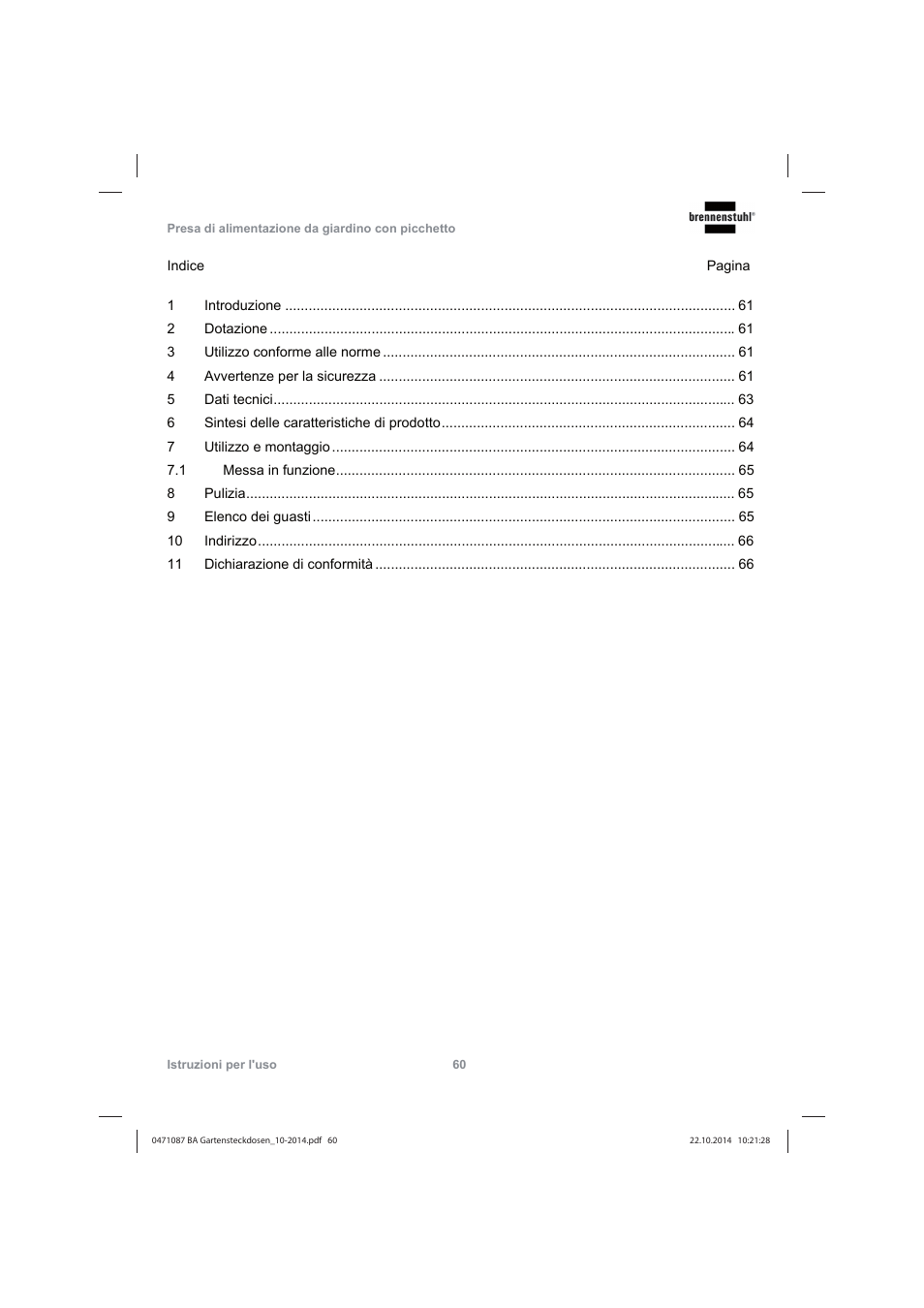 Brennenstuhl Socket outlet with earth rod IP44 2-way 1,4m H07RN-F 3G1,5 User Manual | Page 60 / 76