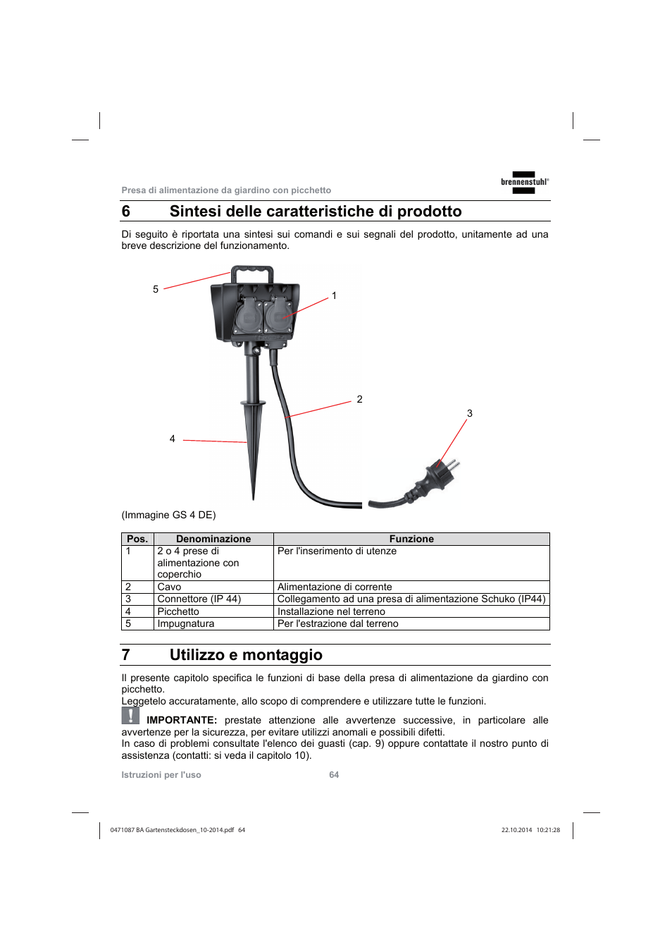 6sintesi delle caratteristiche di prodotto, 7utilizzo e montaggio | Brennenstuhl Socket outlet with earth rod IP44 2-way 1,4m H07RN-F 3G1,5 User Manual | Page 64 / 76