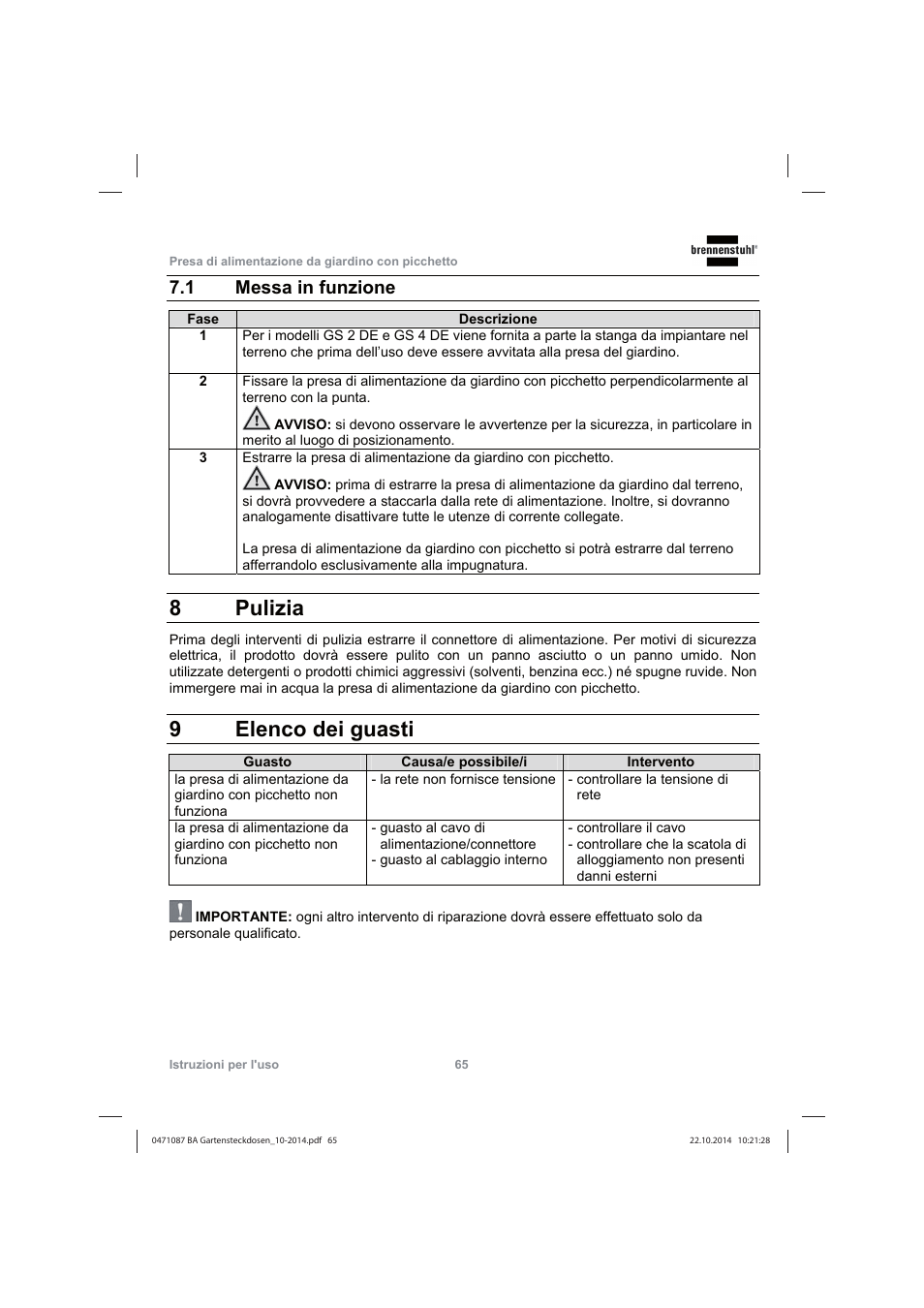 8 pulizia, 9elenco dei guasti, 1 messa in funzione | Brennenstuhl Socket outlet with earth rod IP44 2-way 1,4m H07RN-F 3G1,5 User Manual | Page 65 / 76