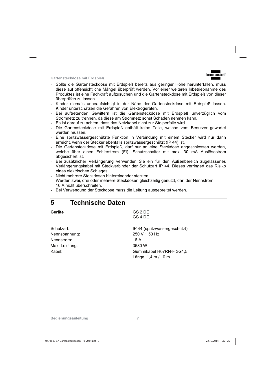 5 technische daten | Brennenstuhl Socket outlet with earth rod IP44 2-way 1,4m H07RN-F 3G1,5 User Manual | Page 7 / 76