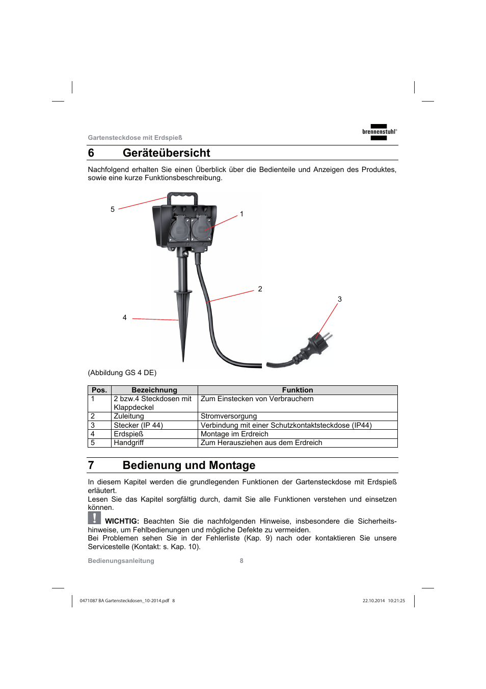6 geräteübersicht, 7 bedienung und montage | Brennenstuhl Socket outlet with earth rod IP44 2-way 1,4m H07RN-F 3G1,5 User Manual | Page 8 / 76