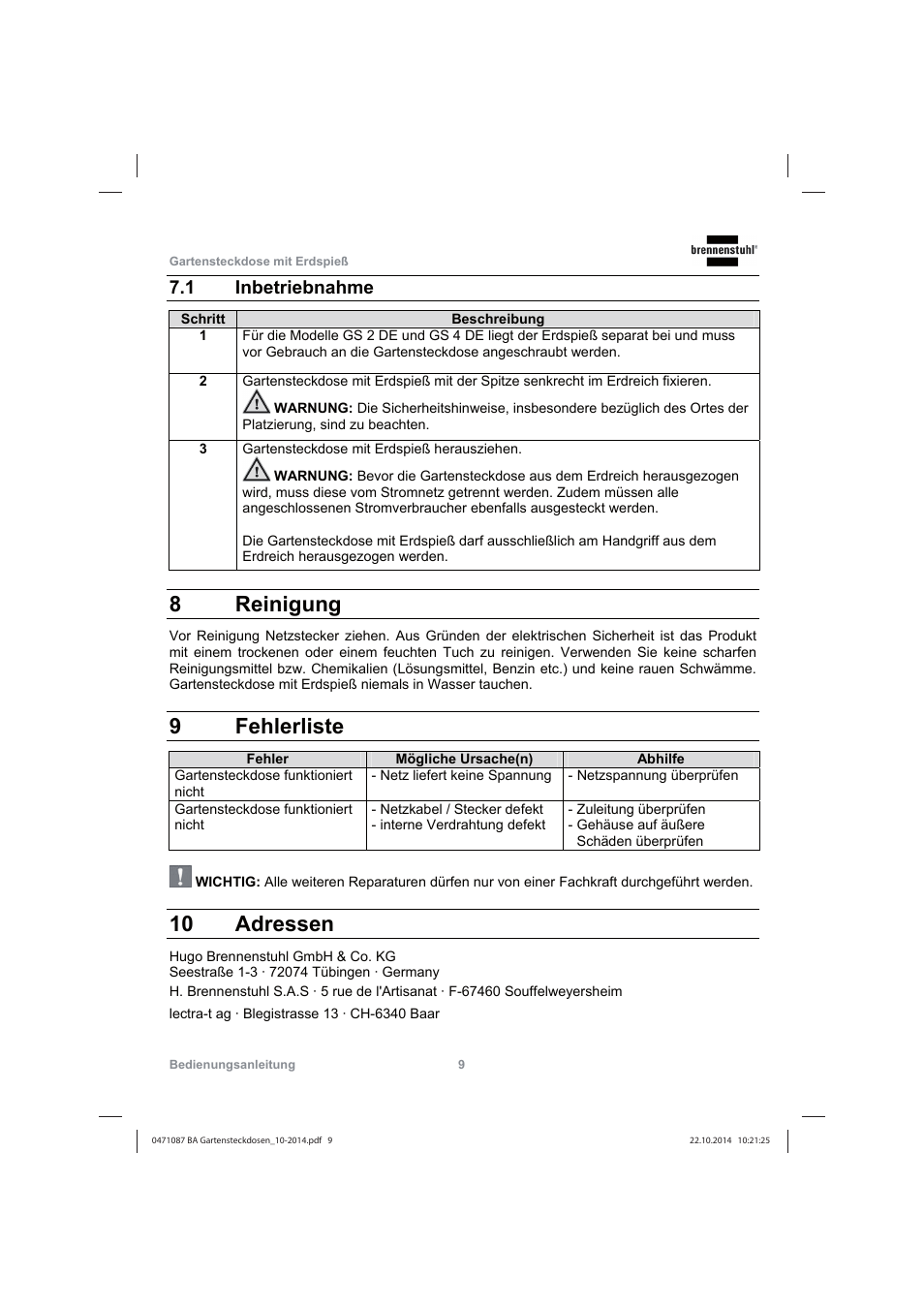8 reinigung, 9 fehlerliste, 10 adressen | 1 inbetriebnahme | Brennenstuhl Socket outlet with earth rod IP44 2-way 1,4m H07RN-F 3G1,5 User Manual | Page 9 / 76