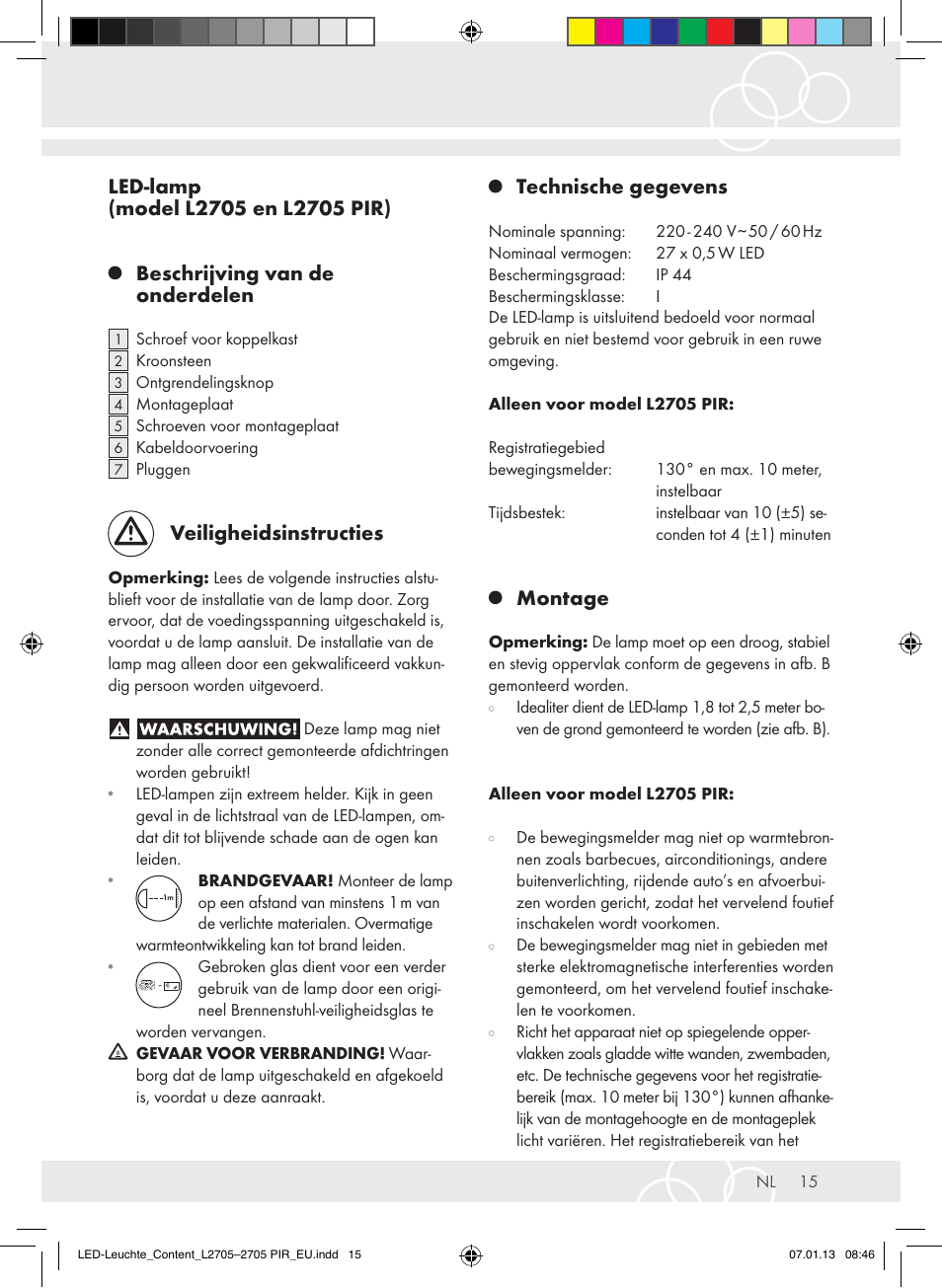 Veiligheidsinstructies, Technische gegevens, Montage | Brennenstuhl Power LED Lamp L2705 IP44 27x0,5W 1080lm Energy efficiency class A User Manual | Page 15 / 72