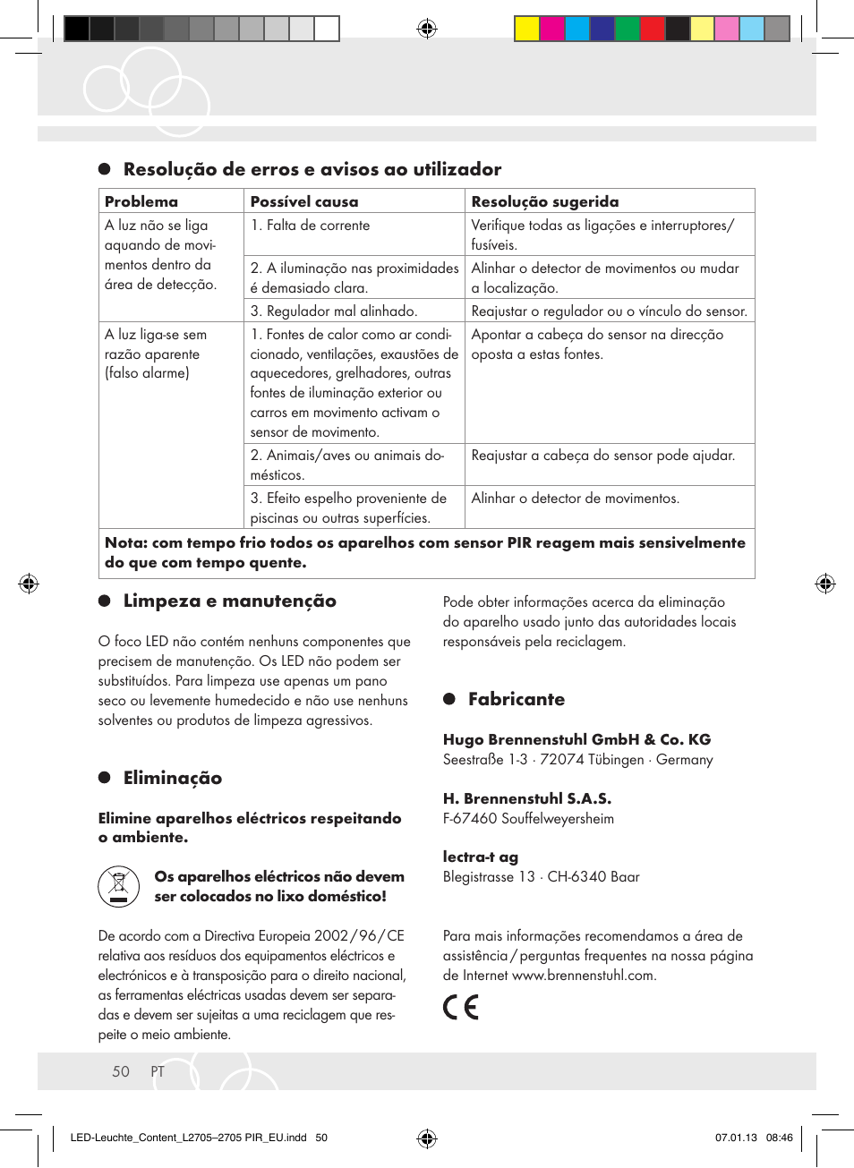 Limpeza e manutenção, Eliminação, Fabricante | Resolução de erros e avisos ao utilizador | Brennenstuhl Power LED Lamp L2705 IP44 27x0,5W 1080lm Energy efficiency class A User Manual | Page 50 / 72