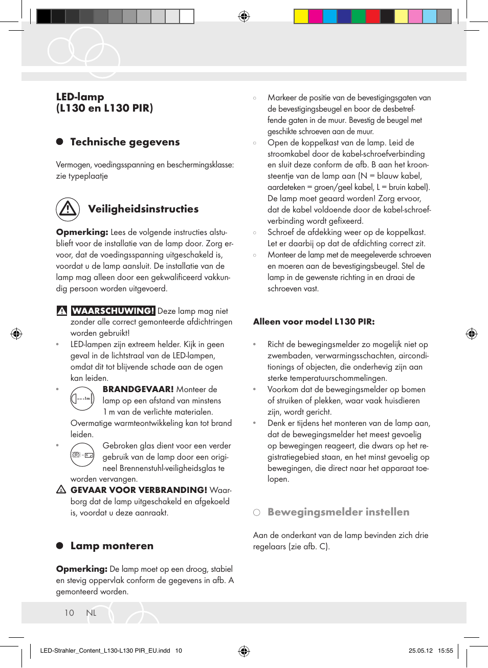 Veiligheidsinstructies, Lamp monteren, Bewegingsmelder instellen | Brennenstuhl LED Lamp L130 IP44 7,4W 560lm 130xLED black Energy efficiency class A+ User Manual | Page 10 / 44