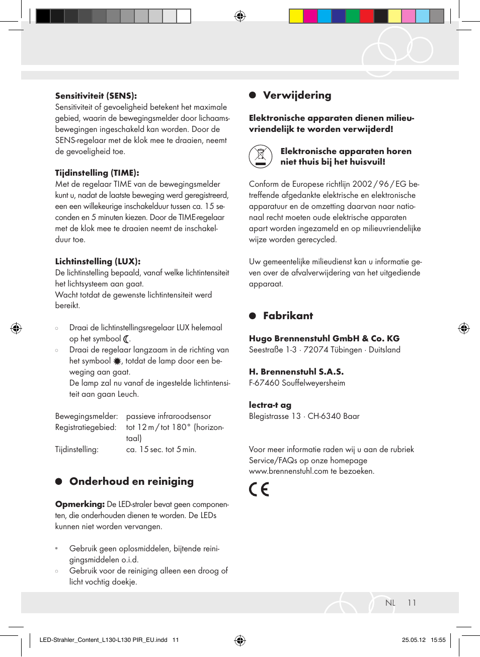 Onderhoud en reiniging, Verwijdering, Fabrikant | Brennenstuhl LED Lamp L130 IP44 7,4W 560lm 130xLED black Energy efficiency class A+ User Manual | Page 11 / 44