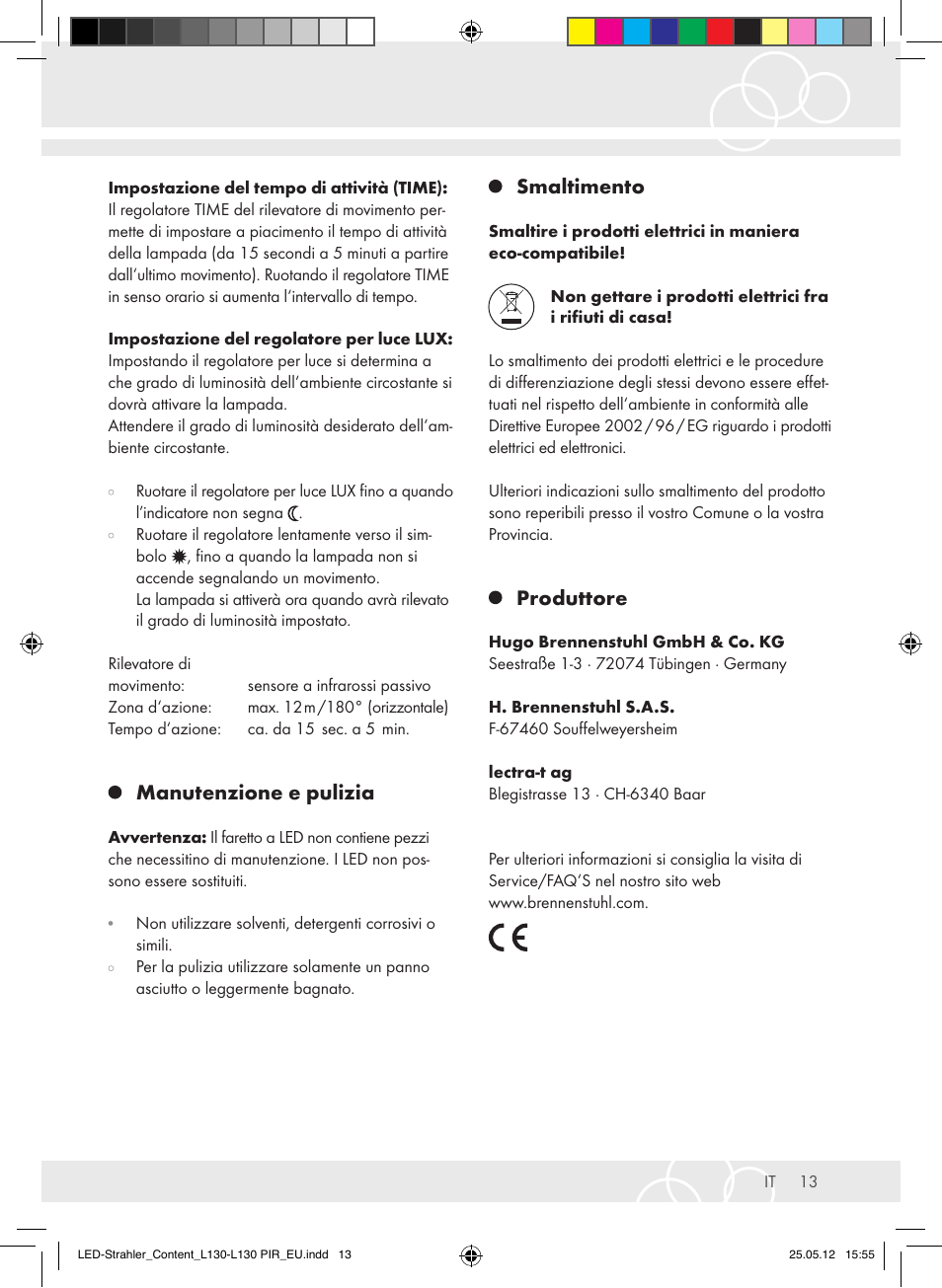 Manutenzione e pulizia, Smaltimento, Produttore | Brennenstuhl LED Lamp L130 IP44 7,4W 560lm 130xLED black Energy efficiency class A+ User Manual | Page 13 / 44