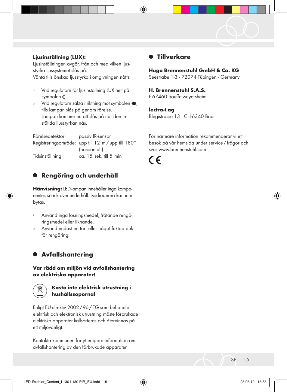 Rengöring och underhåll, Avfallshantering, Tillverkare | Brennenstuhl LED Lamp L130 IP44 7,4W 560lm 130xLED black Energy efficiency class A+ User Manual | Page 15 / 44