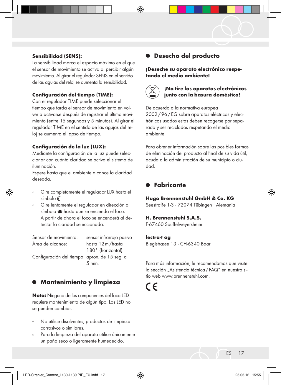 Mantenimiento y limpieza, Desecho del producto, Fabricante | Brennenstuhl LED Lamp L130 IP44 7,4W 560lm 130xLED black Energy efficiency class A+ User Manual | Page 17 / 44