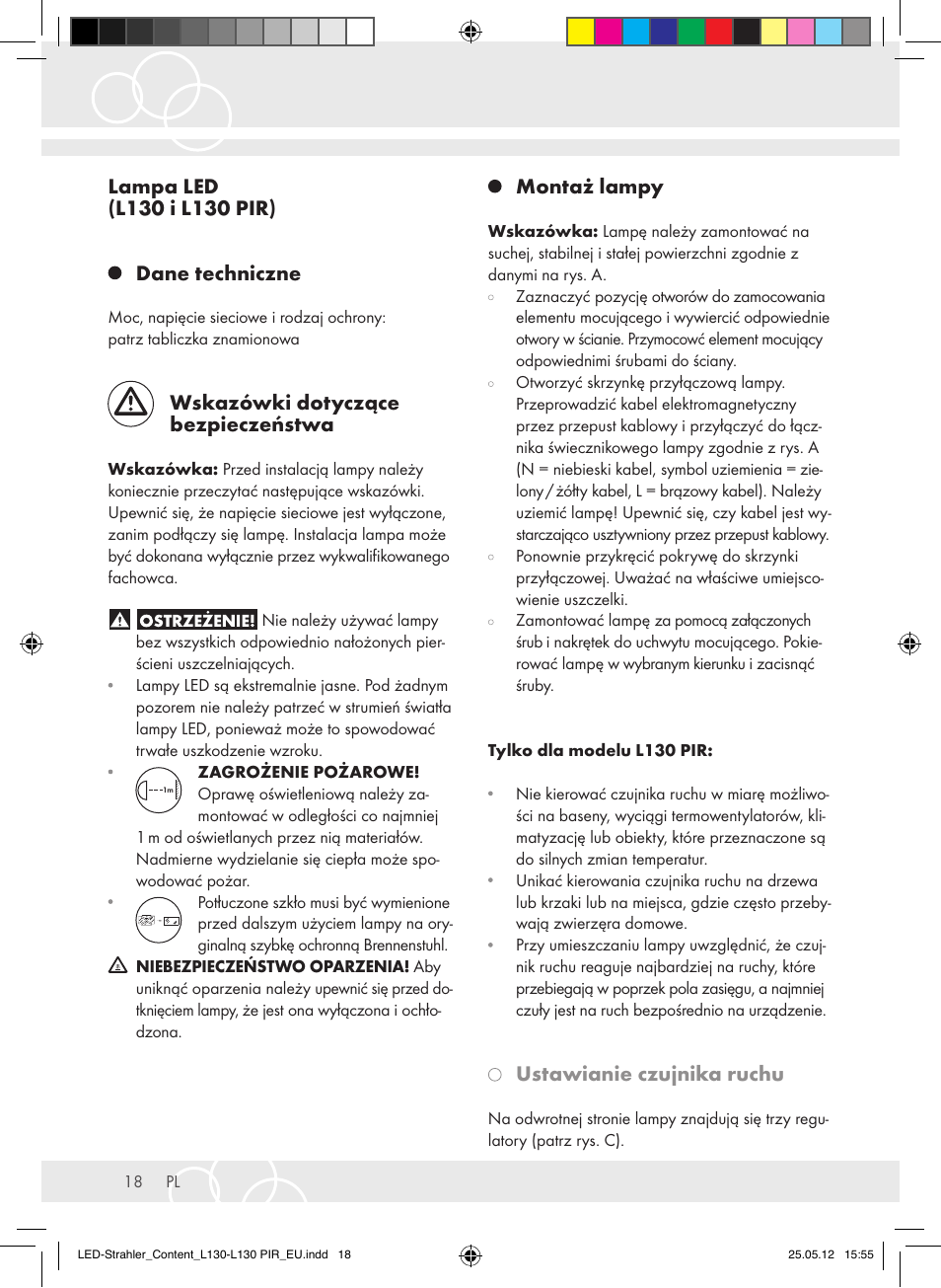 Wskazówki dotyczące bezpieczeństwa, Montaż lampy, Ustawianie czujnika ruchu | Brennenstuhl LED Lamp L130 IP44 7,4W 560lm 130xLED black Energy efficiency class A+ User Manual | Page 18 / 44