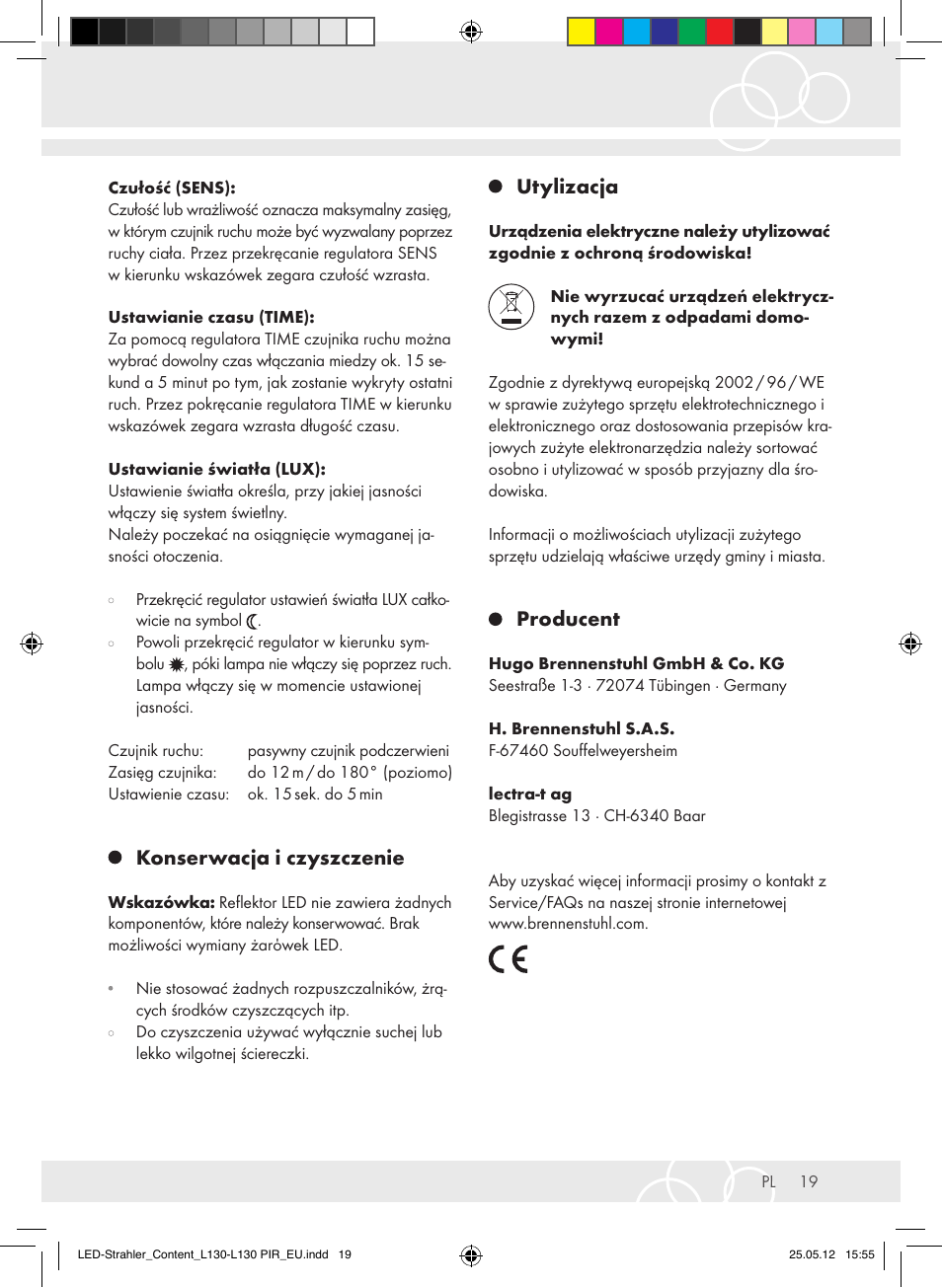 Konserwacja i czyszczenie, Utylizacja, Producent | Brennenstuhl LED Lamp L130 IP44 7,4W 560lm 130xLED black Energy efficiency class A+ User Manual | Page 19 / 44