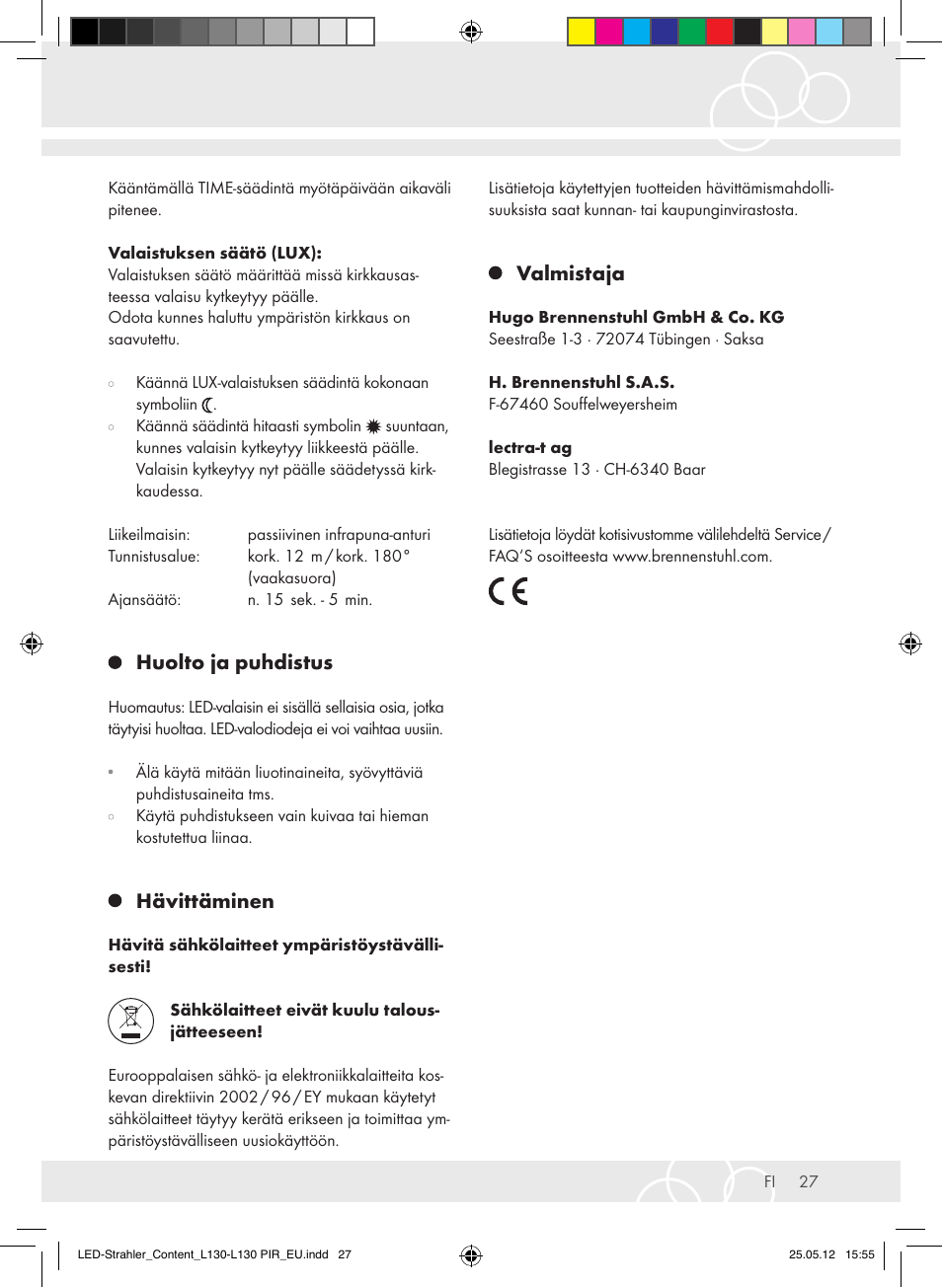 Huolto ja puhdistus, Hävittäminen, Valmistaja | Brennenstuhl LED Lamp L130 IP44 7,4W 560lm 130xLED black Energy efficiency class A+ User Manual | Page 27 / 44