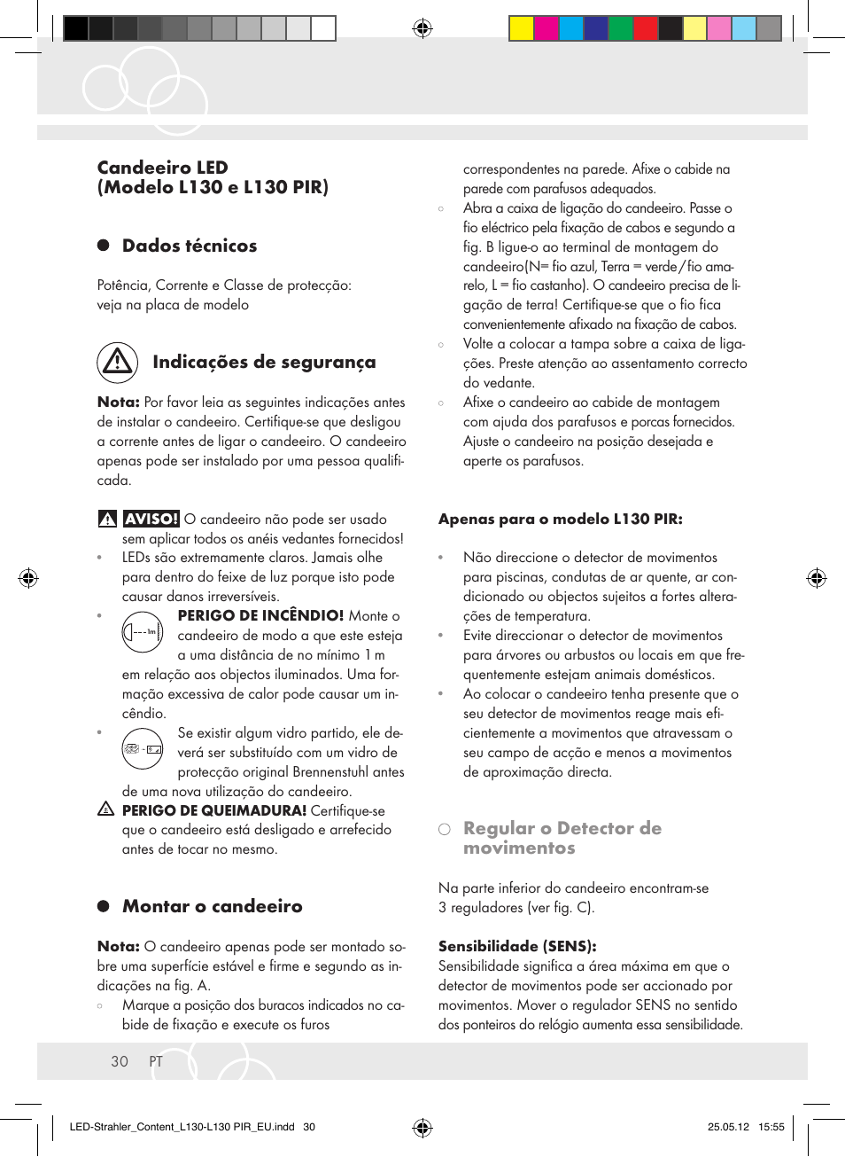 Indicações de segurança, Montar o candeeiro, Regular o detector de movimentos | Brennenstuhl LED Lamp L130 IP44 7,4W 560lm 130xLED black Energy efficiency class A+ User Manual | Page 30 / 44