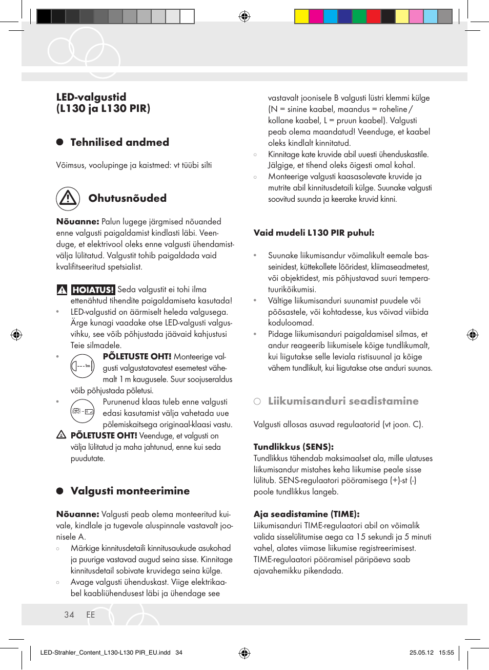 Ohutusnõuded, Valgusti monteerimine, Liikumisanduri seadistamine | Brennenstuhl LED Lamp L130 IP44 7,4W 560lm 130xLED black Energy efficiency class A+ User Manual | Page 34 / 44