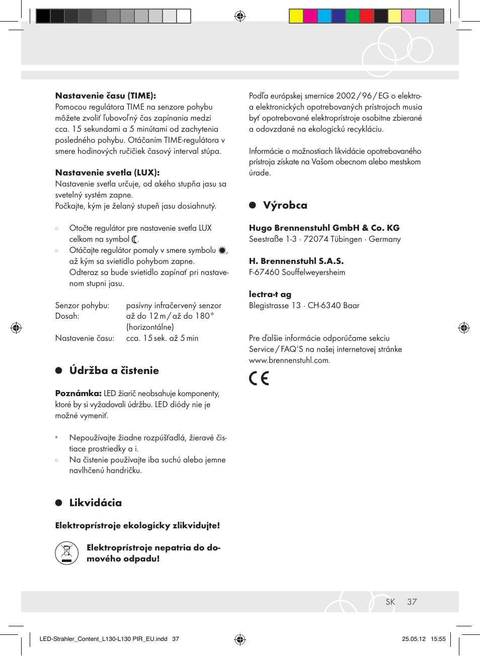 Údržba a čistenie, Likvidácia, Výrobca | Brennenstuhl LED Lamp L130 IP44 7,4W 560lm 130xLED black Energy efficiency class A+ User Manual | Page 37 / 44