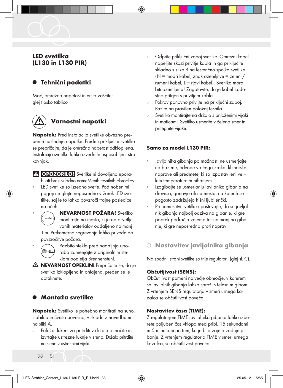 Varnostni napotki, Montaža svetilke, Nastavitev javljalnika gibanja | Brennenstuhl LED Lamp L130 IP44 7,4W 560lm 130xLED black Energy efficiency class A+ User Manual | Page 38 / 44